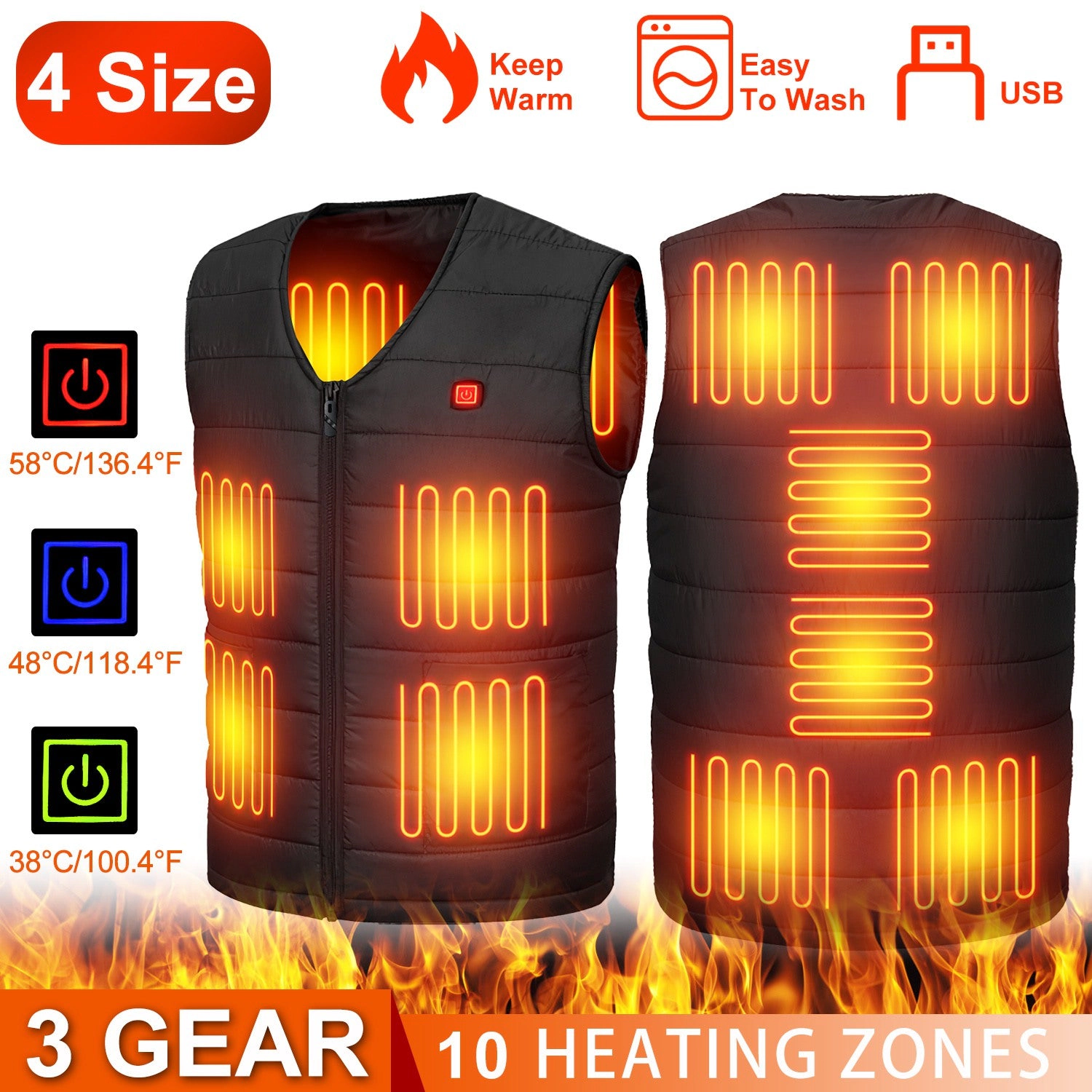 GBruno USB Heated Vest With 10 Heating Pads