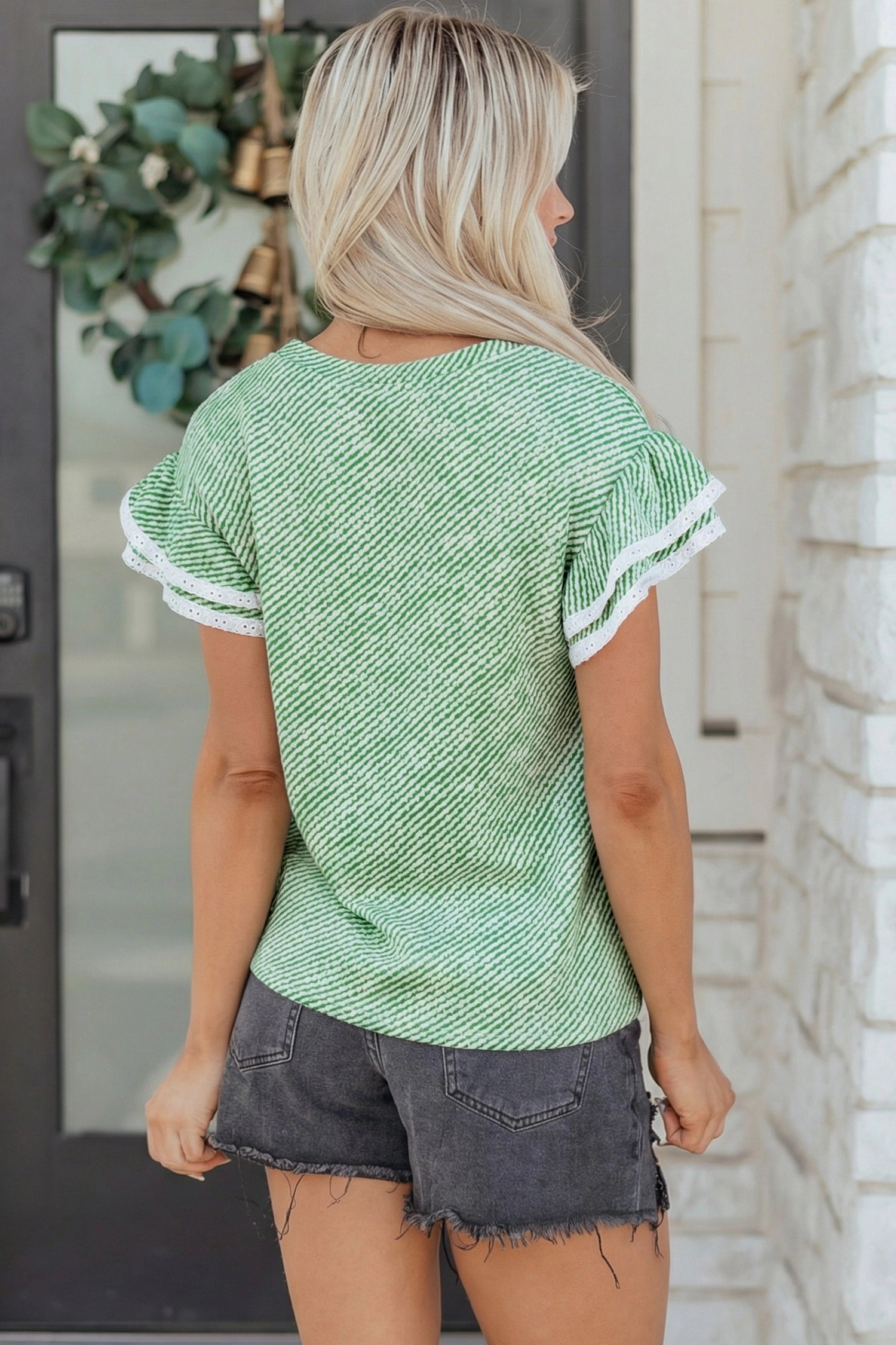 Threaded Pear Womens Elisabeth Ruffled Short Sleeve Blouse - Clearly Aqua, Twilled Texture