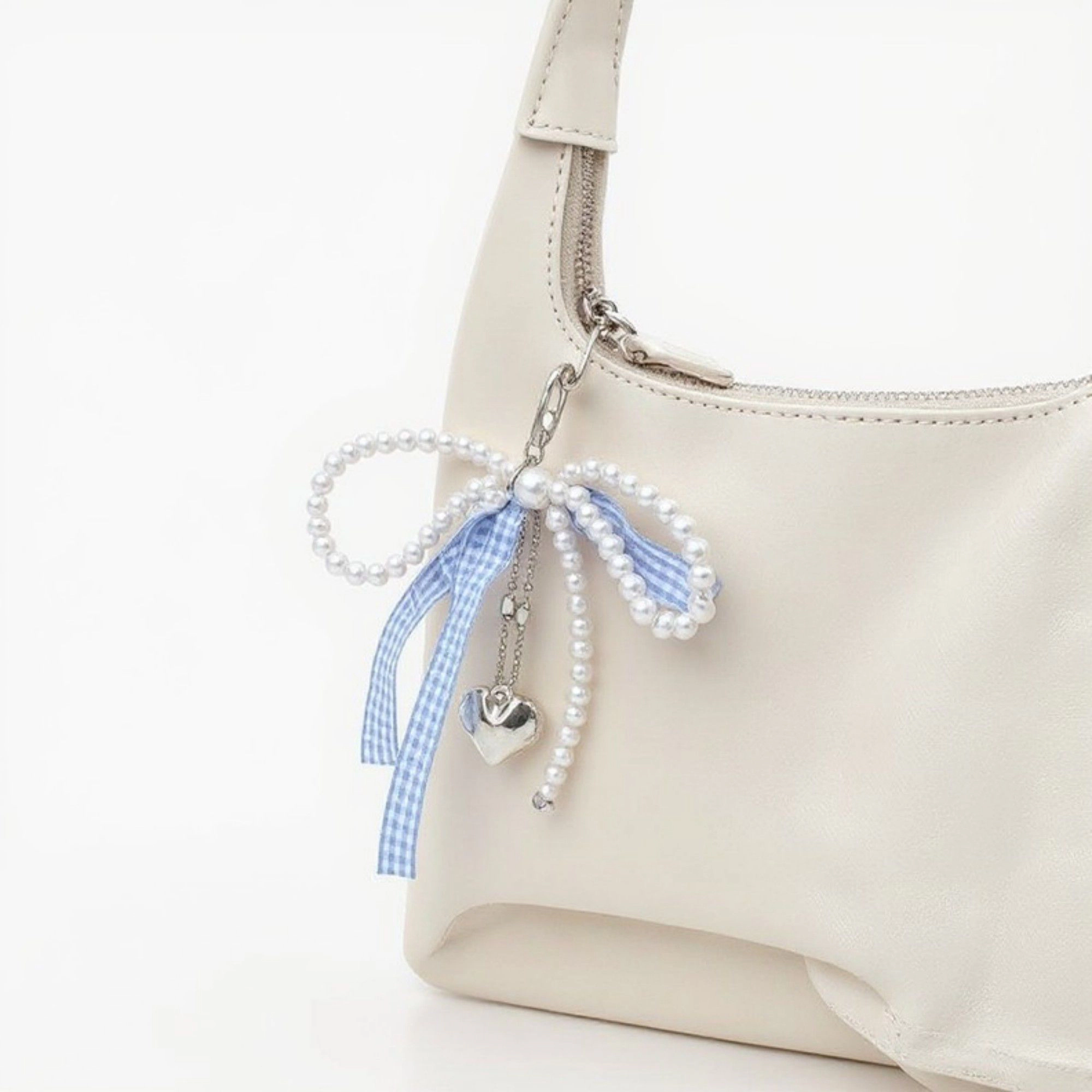 Alilang Women's Ribbon Pearl Bow Keychain with Silver Heart Charm and Gingham Accent