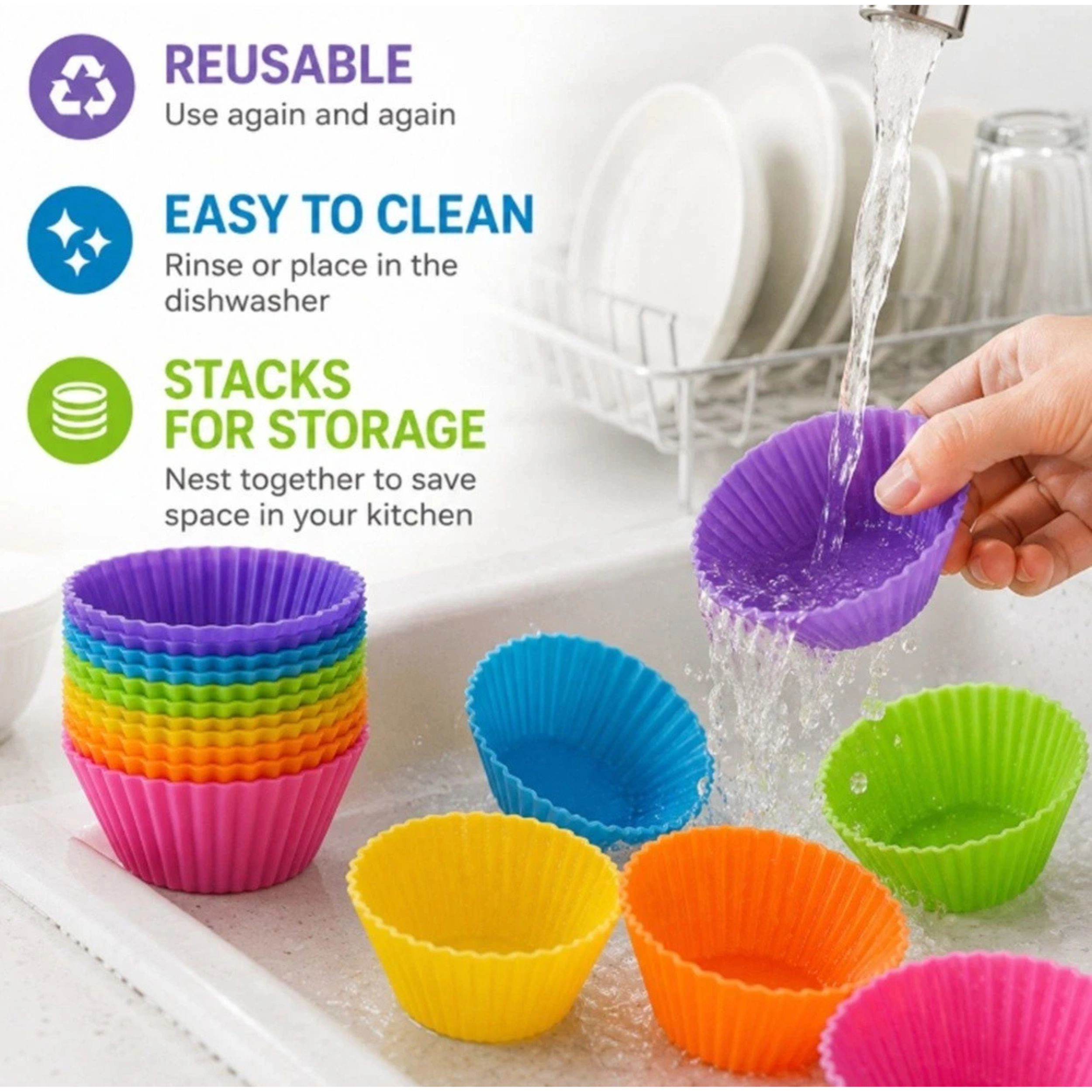 Home Collection Pack of 12  Reusable Silicone Cupcake Liners Muffin Baking Cups