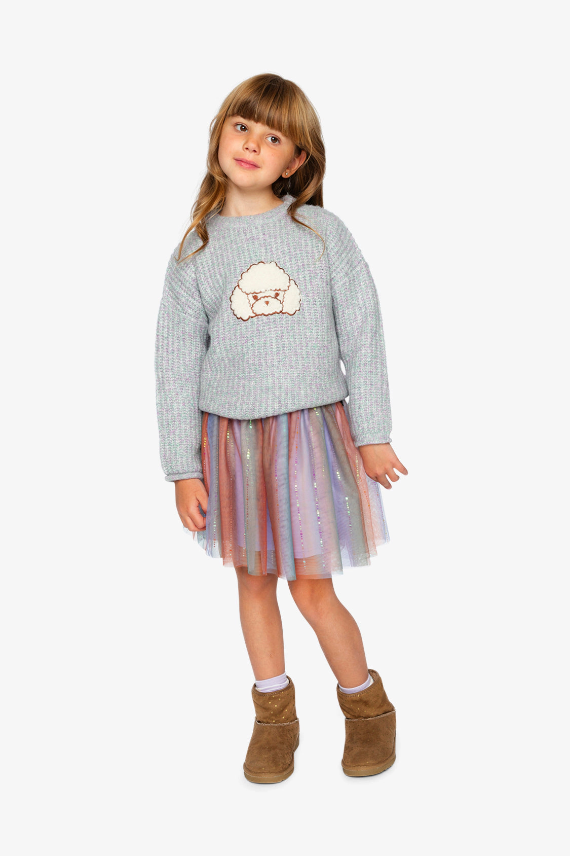 Deux par Girls Textured Poodle Appliqué Knit Sweater