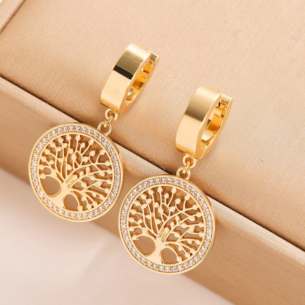 Hollow Tree of Life Cubic Zirconia Hoop Drop Earring