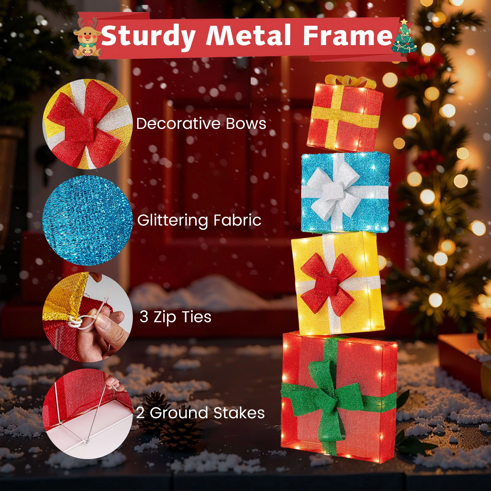 Slickblue Set of 4 Outdoor Christmas Gift Box Decorations with Lights