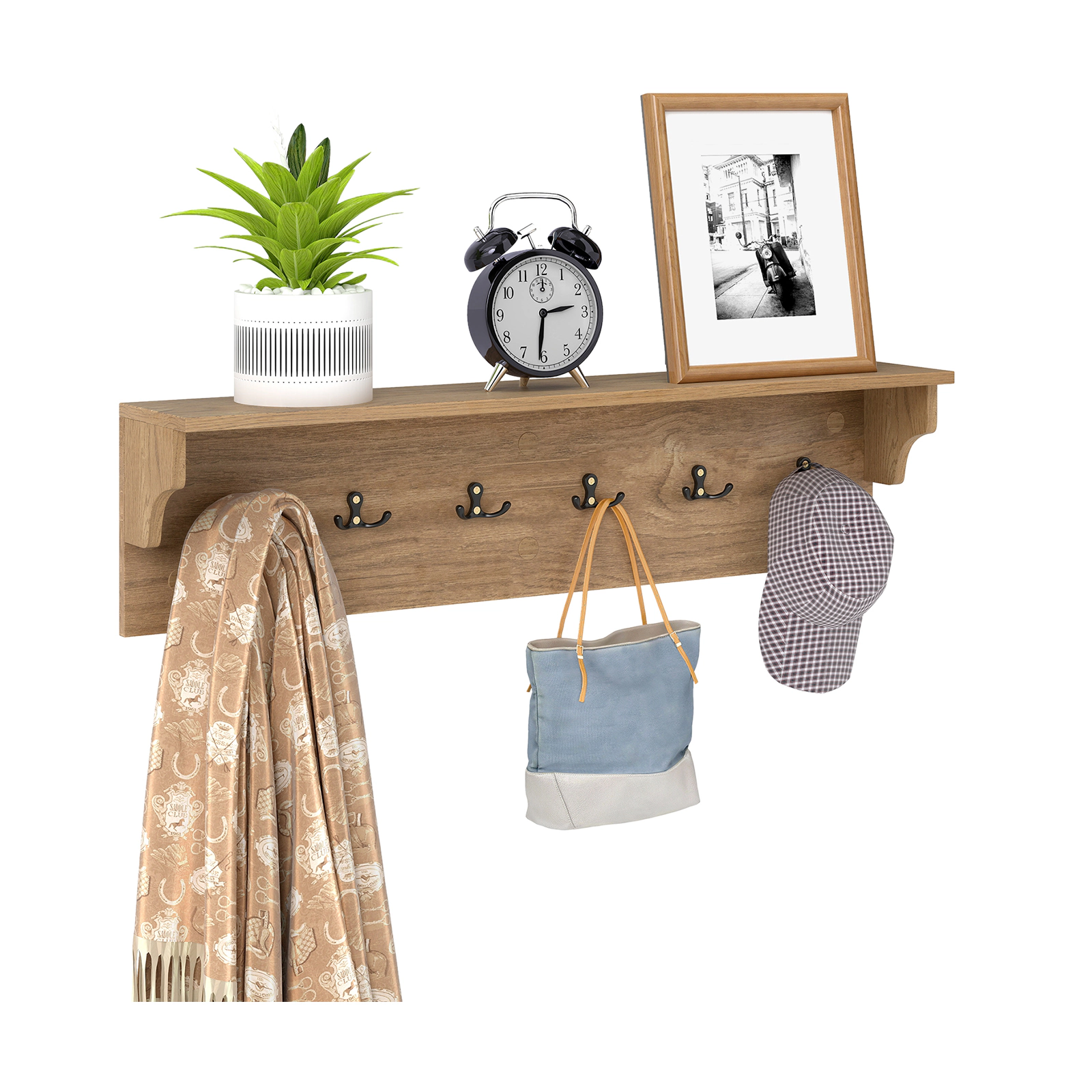 SUGIFT Wall Hooks with Shelf Natural 31.5 Inch Wooden Coat Rack with 6 Hooks
