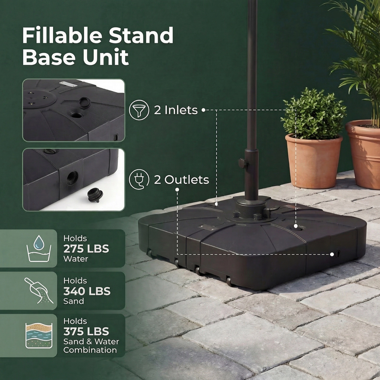 SUGIFT Square Cantilever Umbrella Base Wheels 285-375-lb Water & Sand Fill Capacity for 8-10 ft & 8-12 ft Cantilever
