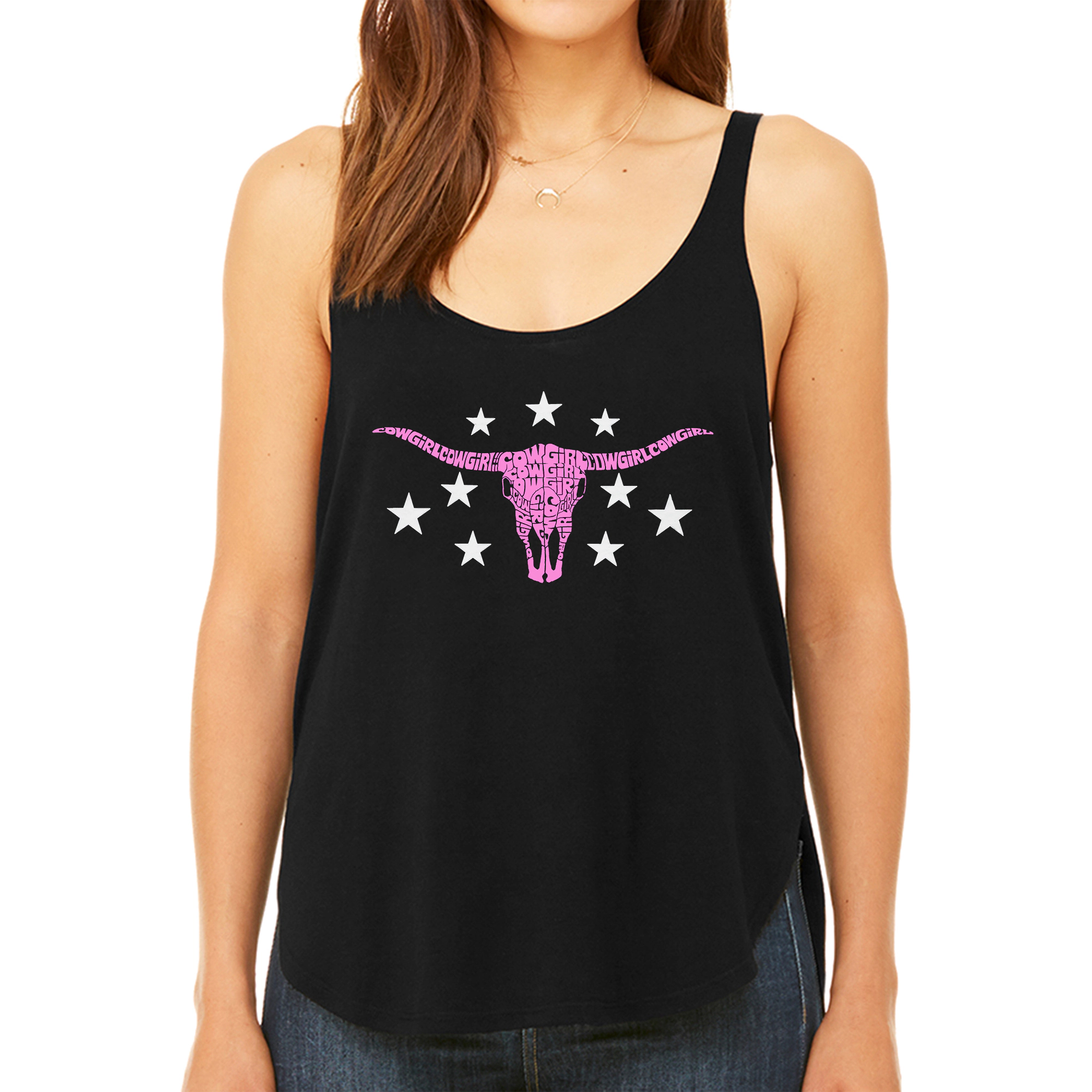 LA Pop Art Women's Premium Word Flowy Tank - Cowgirl Cowskull