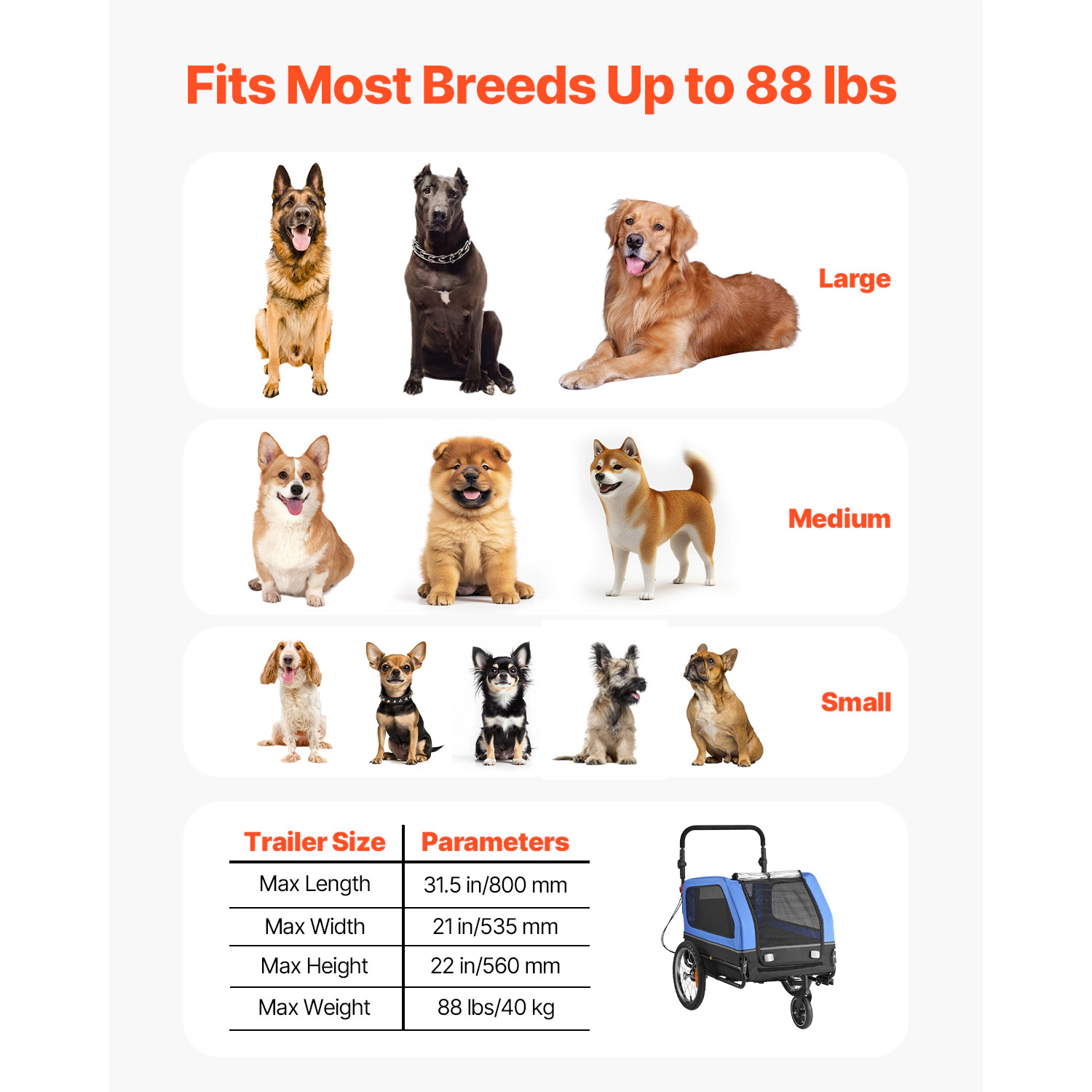 HONGGE 2-in-1 Dog Bike Trailer & Stroller, 88 lb Capacity, Built-In Leash, Foldable Frame for Large Dogs