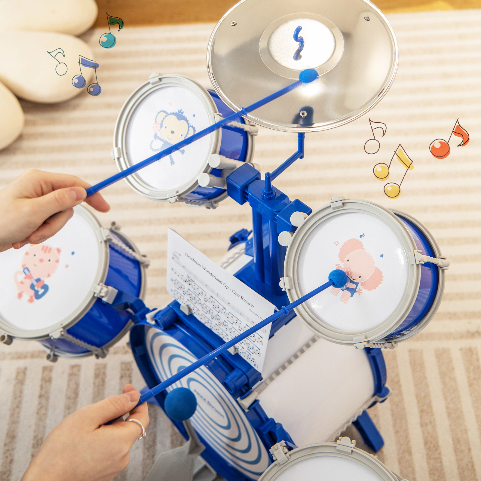SUGIFT Blue 5-Drum and Cymbal Percussion Kids Drum Set with Stool Anti-Slip Foot Pedal and Drumstick Slots