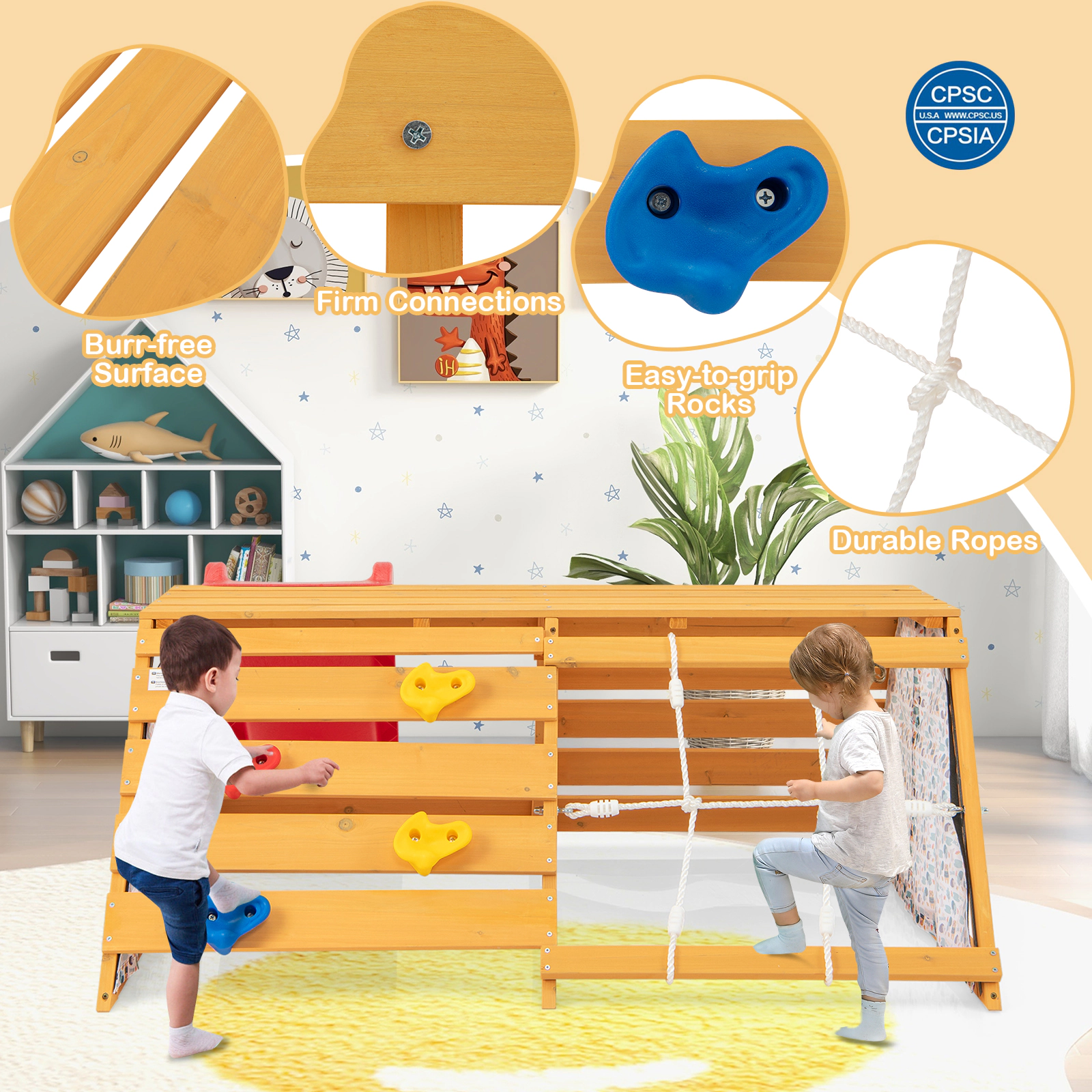 SUGIFT Natural Slide Rock Climbing Wall and Rope Climber 5-in-1 Kids Wooden Indoor Jungle Gym