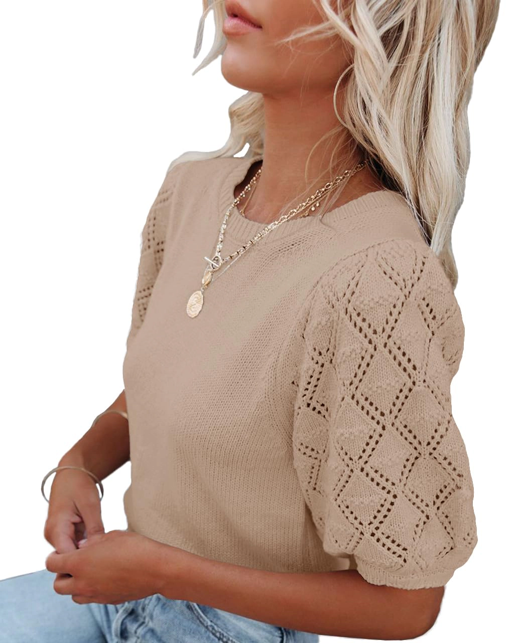 KOJOOIN Womens Crochet Blouse Shirt Short Sleeve Sweaters Summer Crewneck Knit Pullover Tops