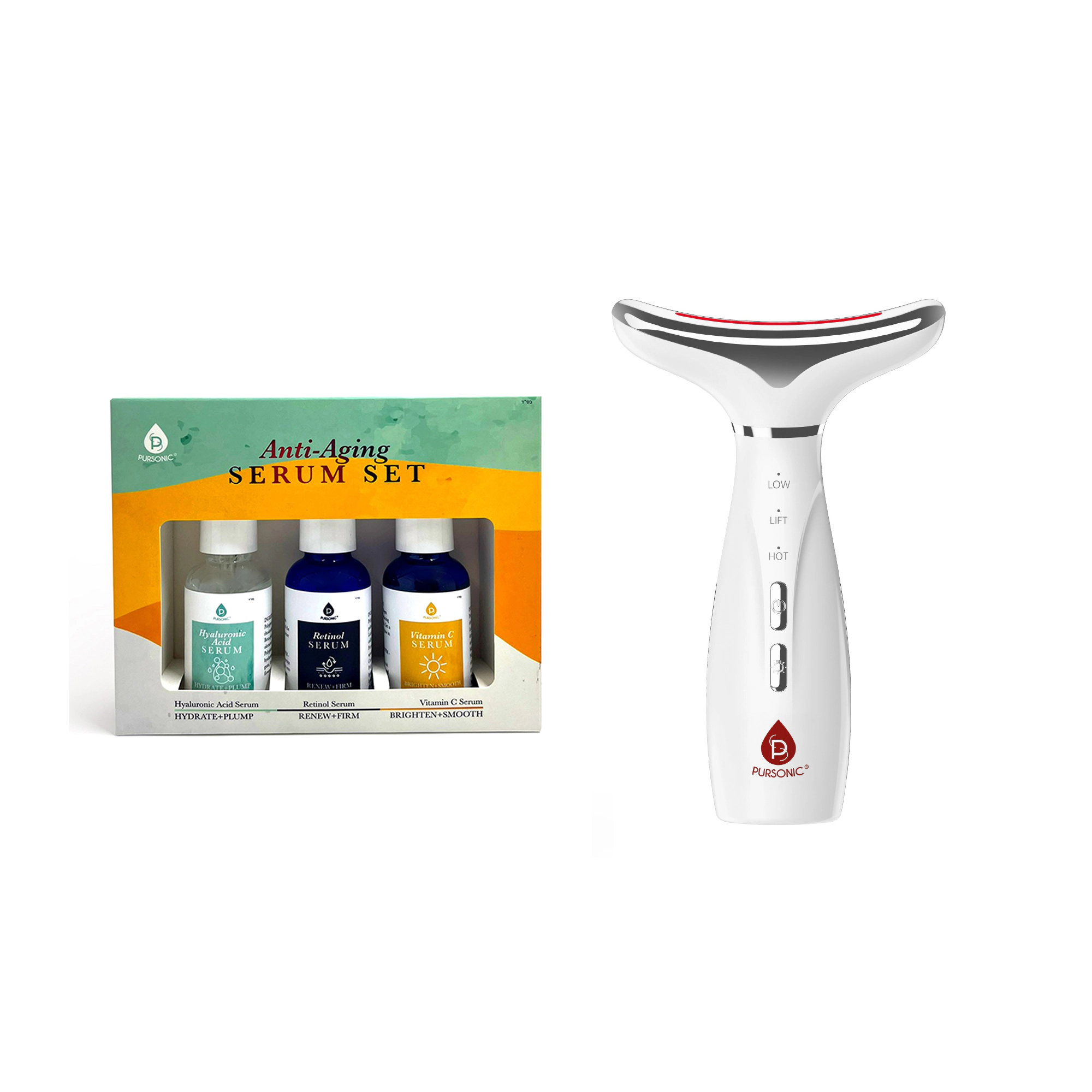 Pursonic Women’s Anti-Aging Skincare Set: 7-in-1 Facial Therapy Device & Anti-Aging Serum Bundle