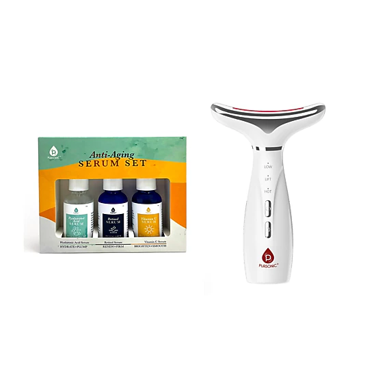 Pursonic Women’s Anti-Aging Skincare Set: 7-in-1 Facial Therapy Device & Anti-Aging Serum Bundle