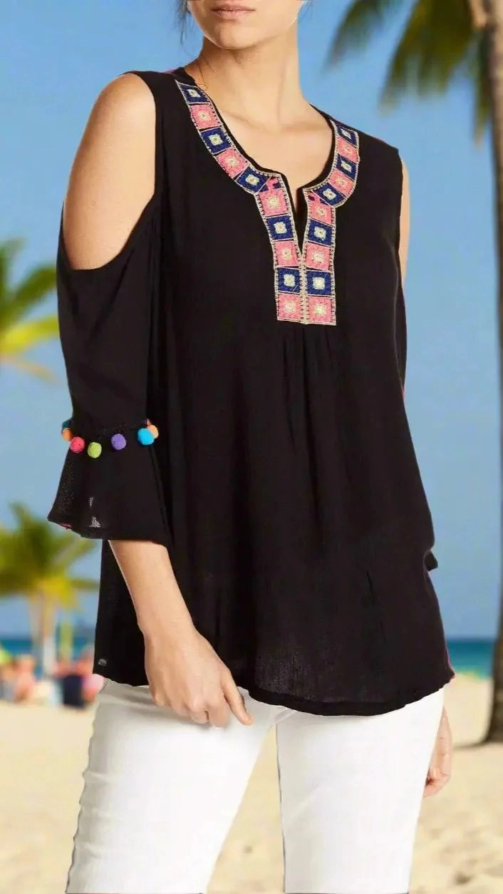 La Moda Clothing Women's Embroidered Cold Shoulder Beach Top with Colorful Pompoms - Resortwear
