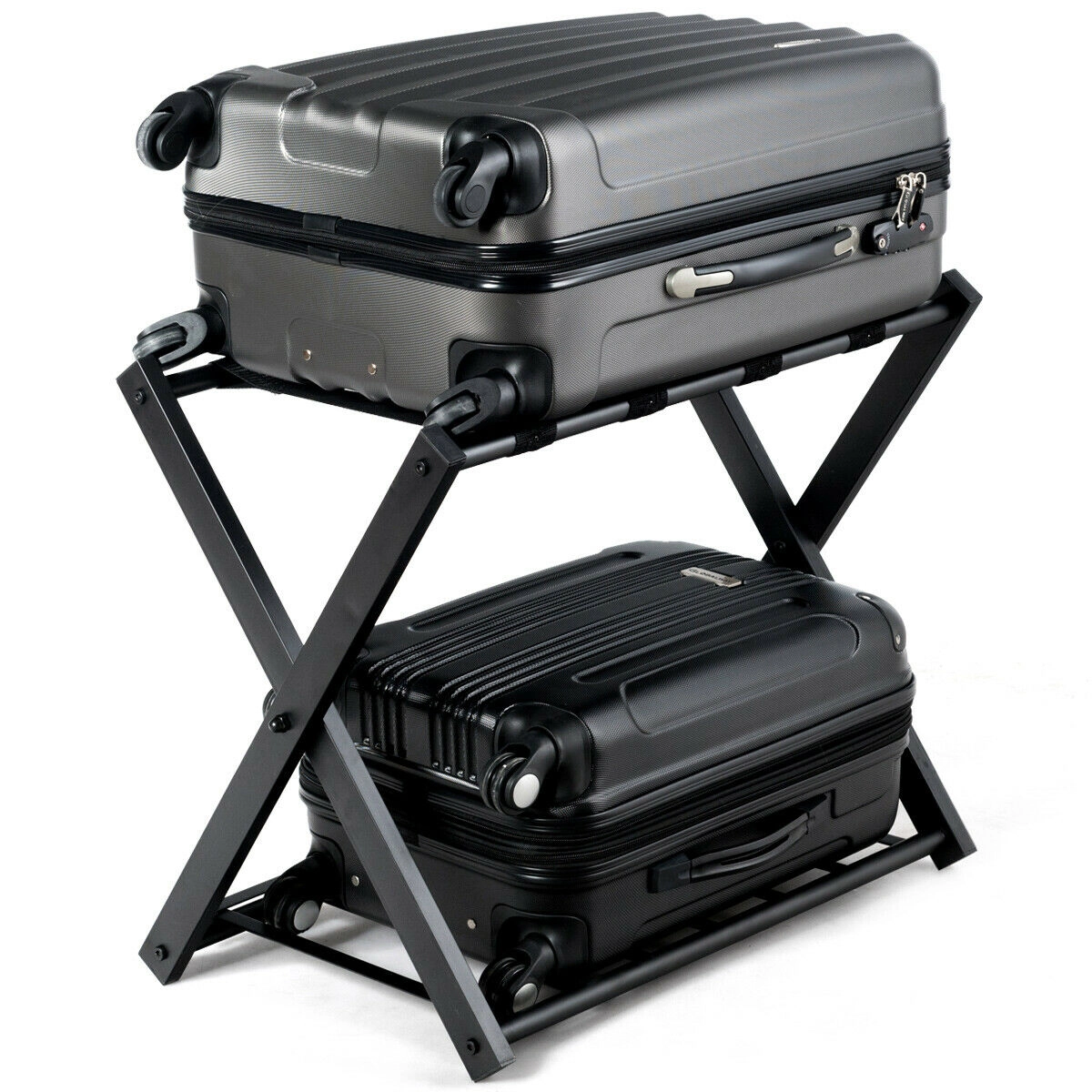 Glintex 2-Piece Folding Metal Luggage Rack Set with Removable Slatted Shelf, Black