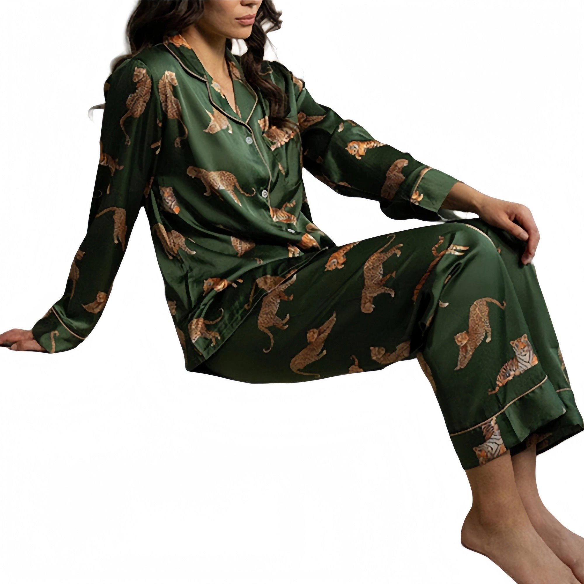 Anna-Kaci Women's Long Sleeve Button Front Pajama Set with Tiger Print and Satin Finish