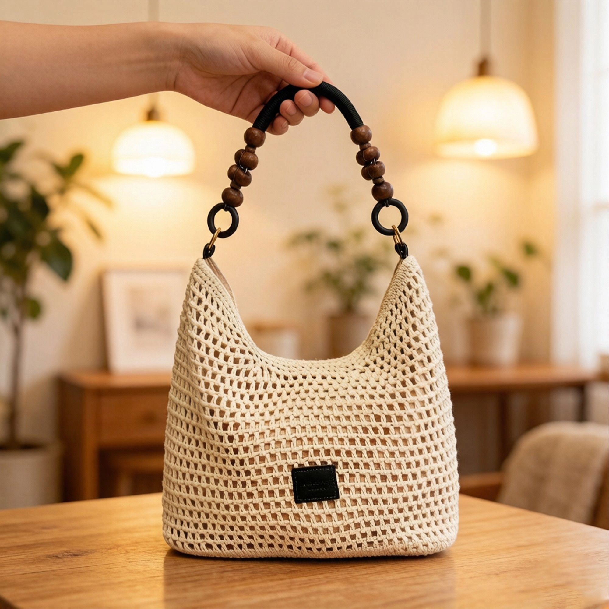 Alilang Women's Crochet Hobo Shoulder Bag Wooden Bead Handle Open Weave Knit Handbag Slouchy Summer Carryall Tote
