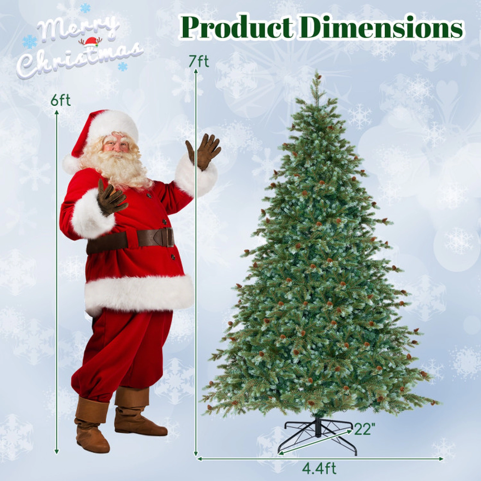 SUGIFT Pre-Lit 7-Foot Artificial Christmas Tree with 846 Branch Tips 340 Warm White LED Lights and Pine Cones Green