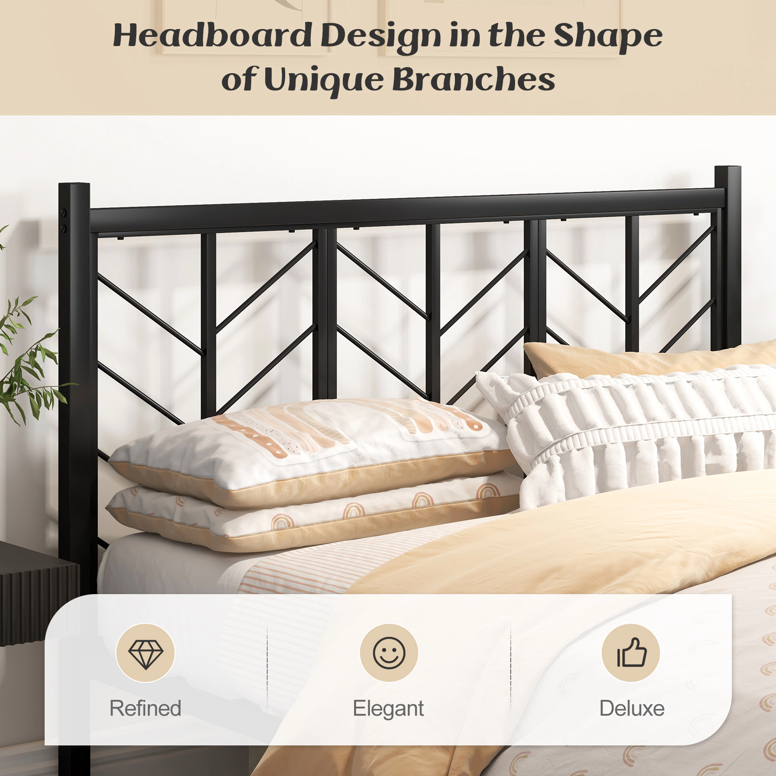 SUGIFT Metal Platform Bed Frame Branch Headboard Queen Size 800-lb Capacity 83-in Length 11.5-in Under-Bed Space Black