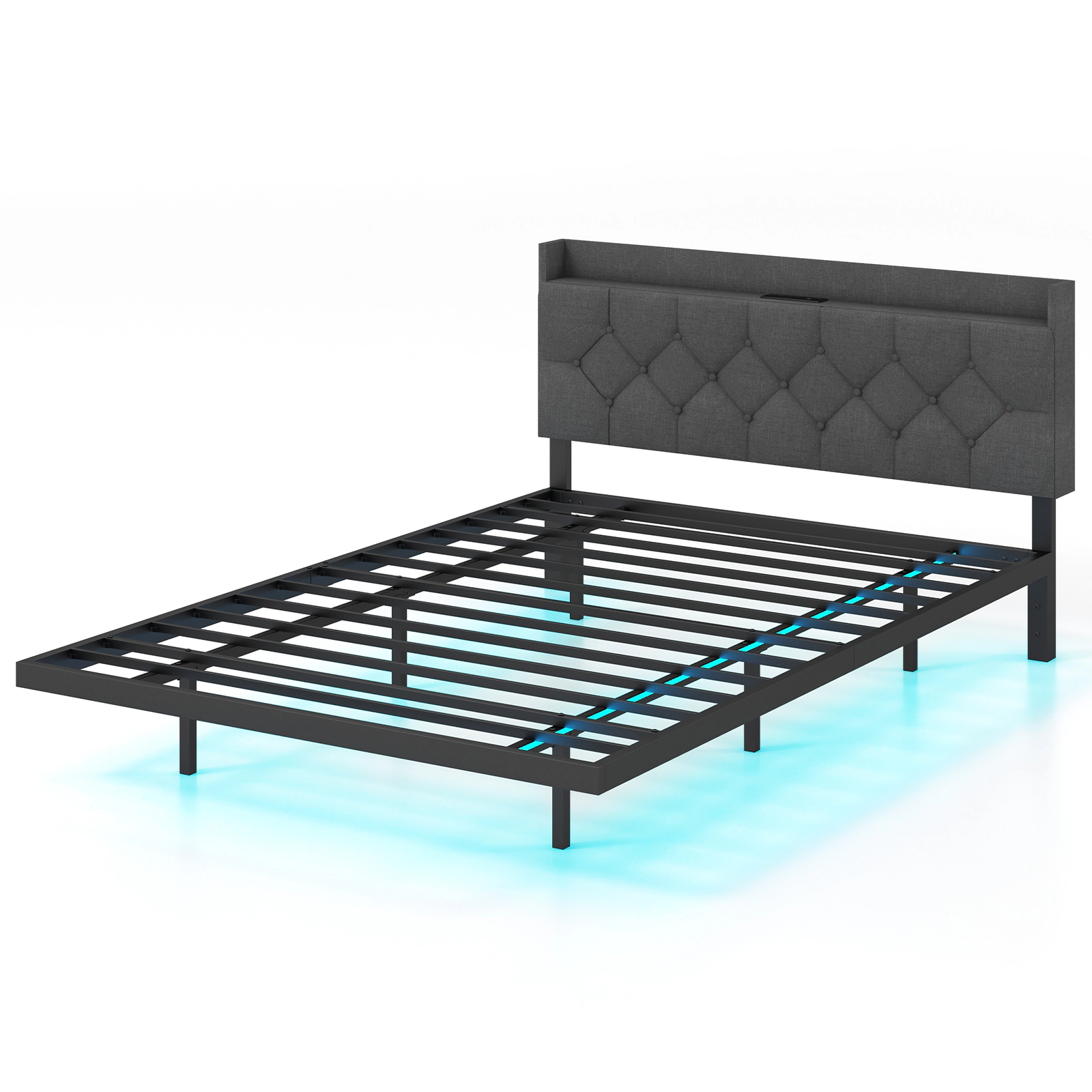 LJG Full/Queen Size Floating Bed Frame with LED and Headboard and Charging Station
