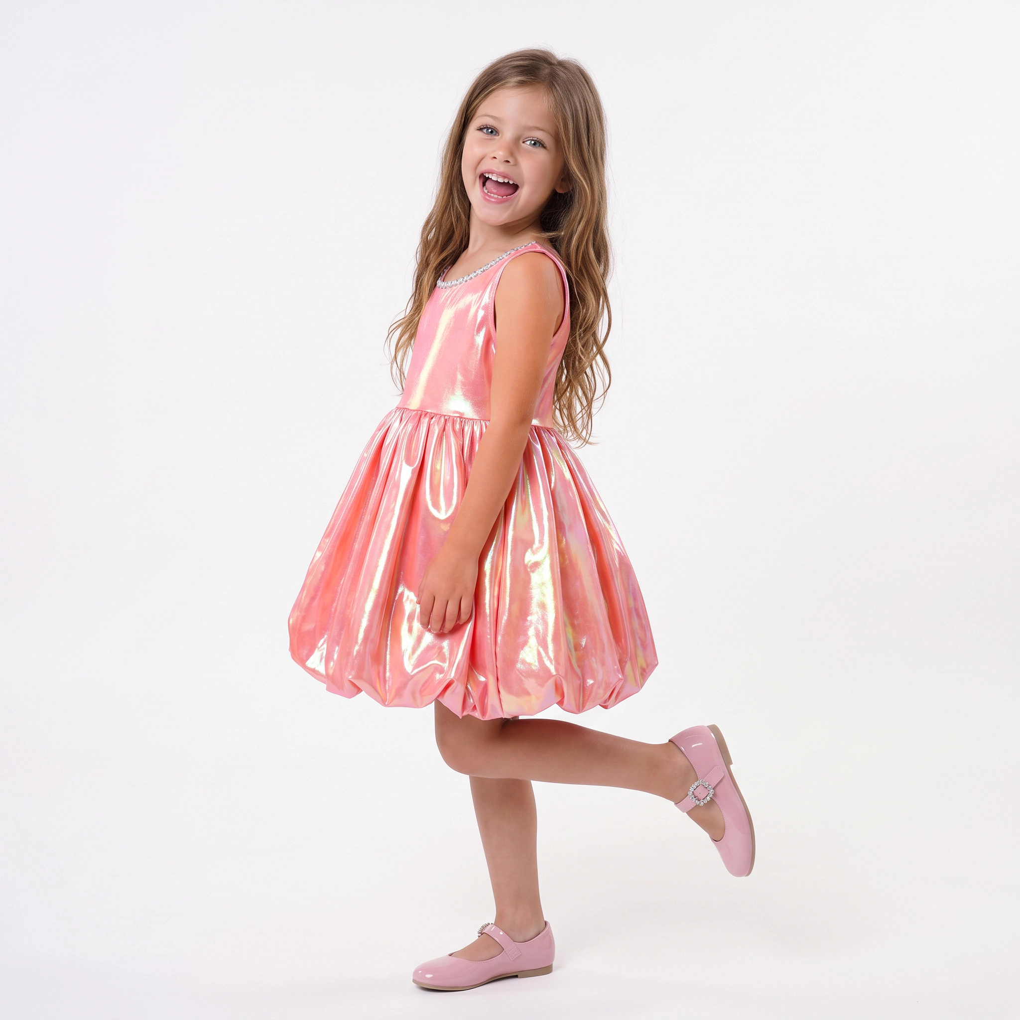2Bunnies Girls 4T-10Y Iridescent Metallic Bubble Hem Sequin Neckline Party Dress