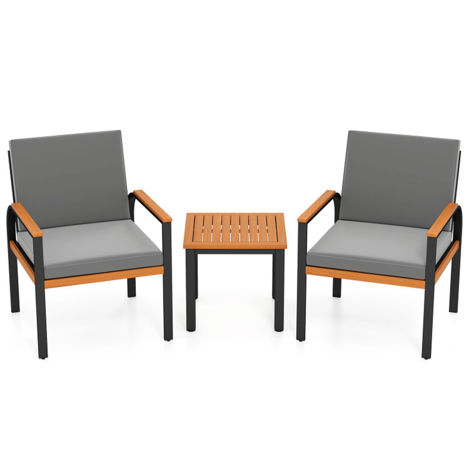 SUGIFT 3-Piece Acacia Wood Patio Conversation Set with 2 Cushioned Chairs and Slatted Side Table