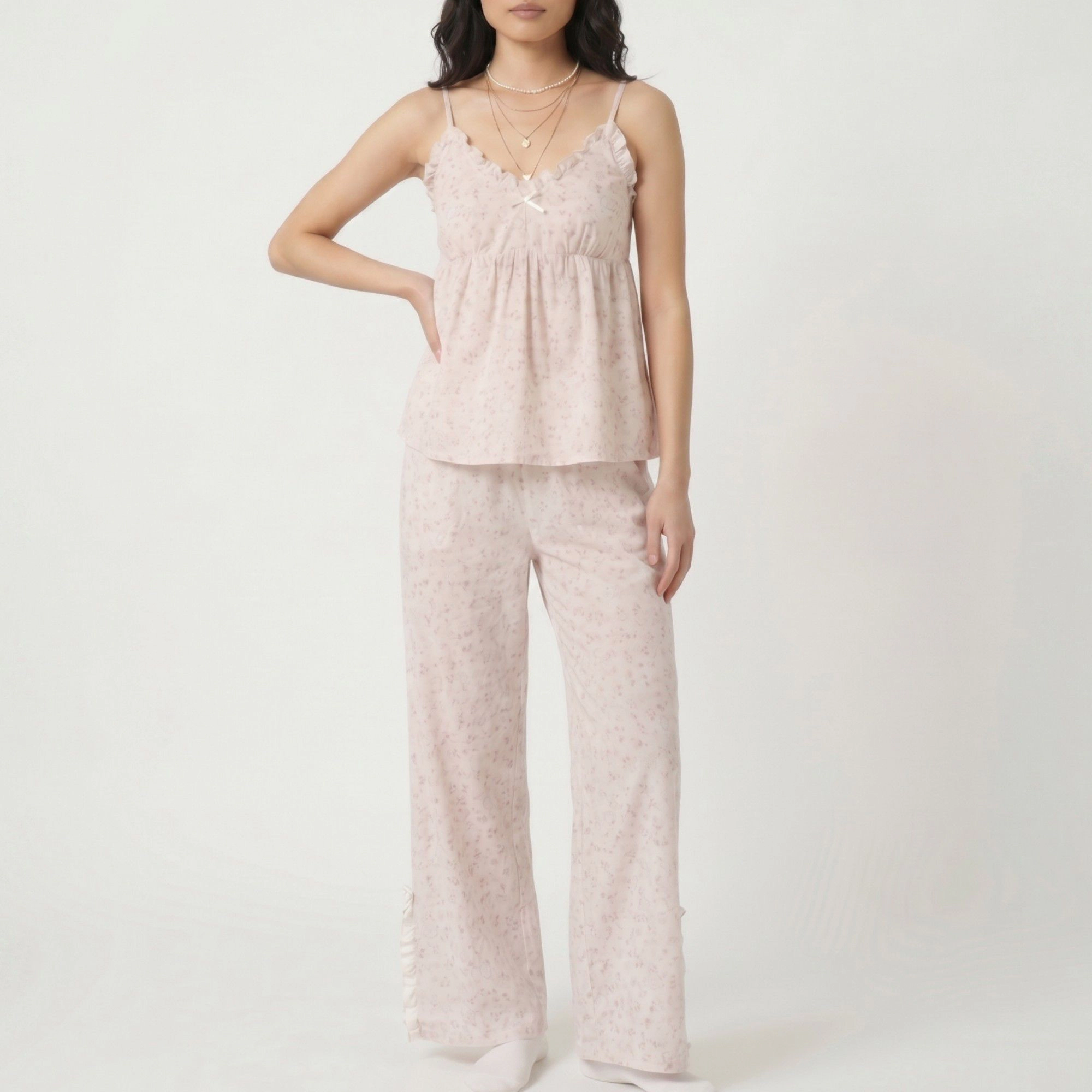 Anna-Kaci Women's 2-Piece Floral Ruffle Cami Top and Wide Leg Pants Sleepwear Lounge Set with Bow Detail Relaxed Fit