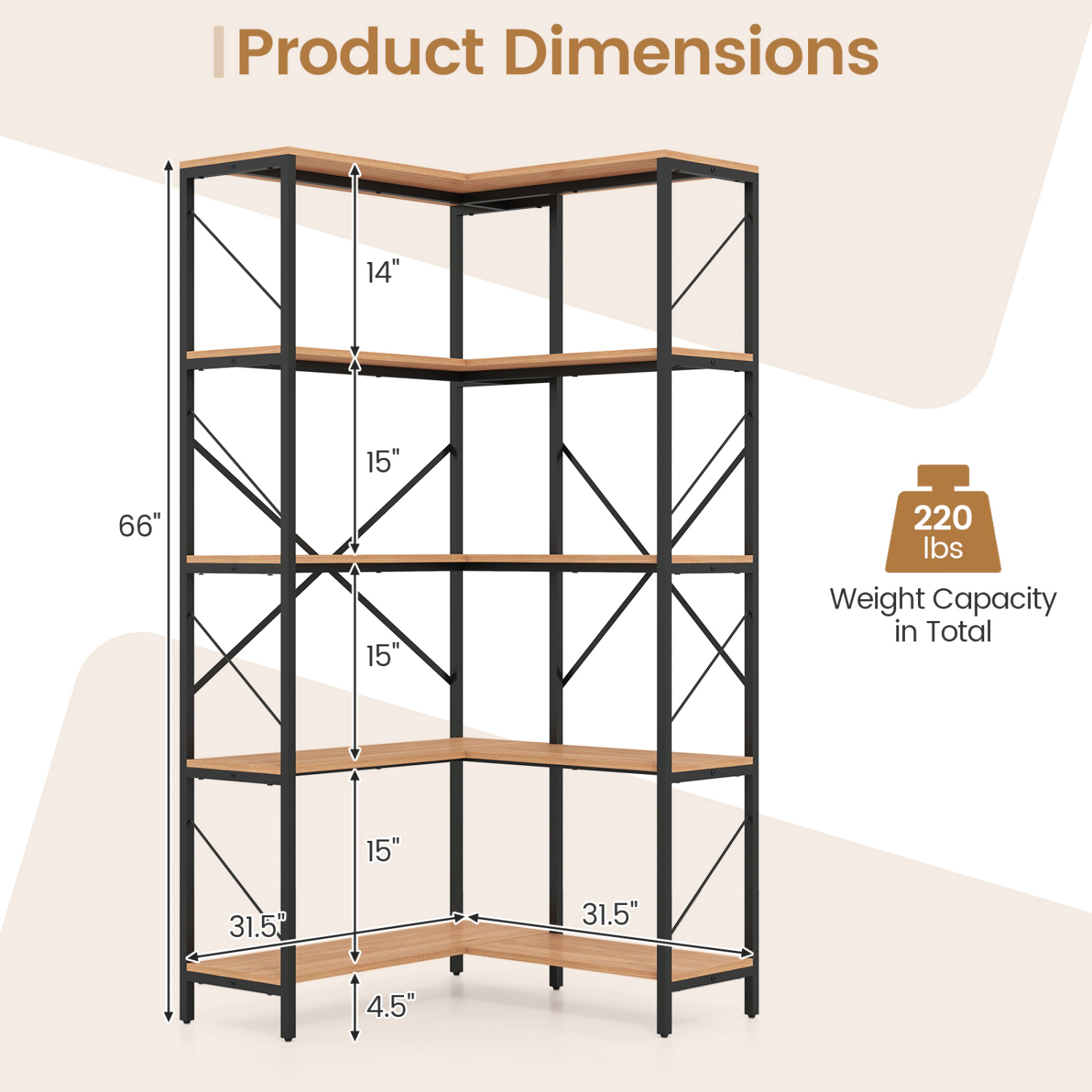 LJG 66" Tall 5-Tier L-Shaped Bookcase with Metal Frame for Living Room
