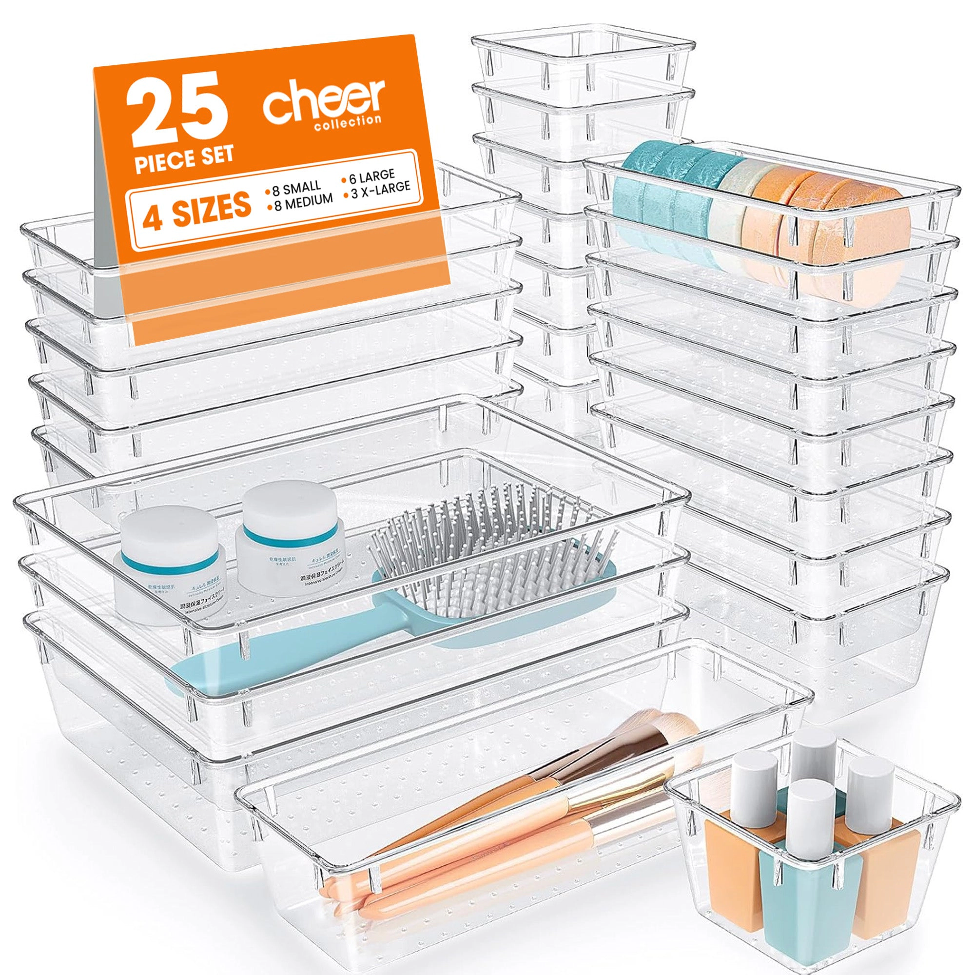 Cheer Collection 25 Piece Clear Plastic Drawer Organizer Set for Makeup, Office
