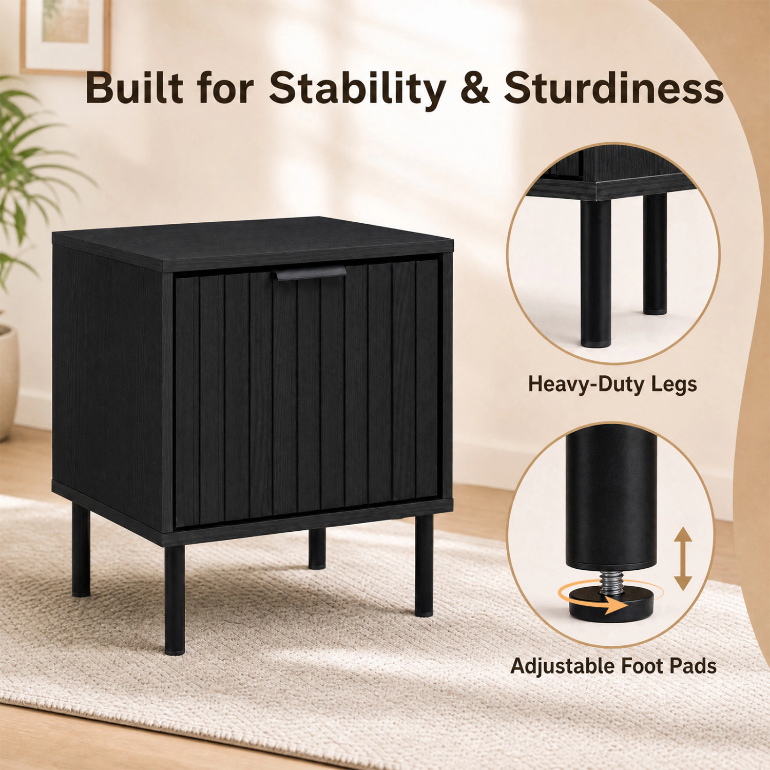 LJG Black Modern Nightstand with Vertical-Striped Storage Drawer