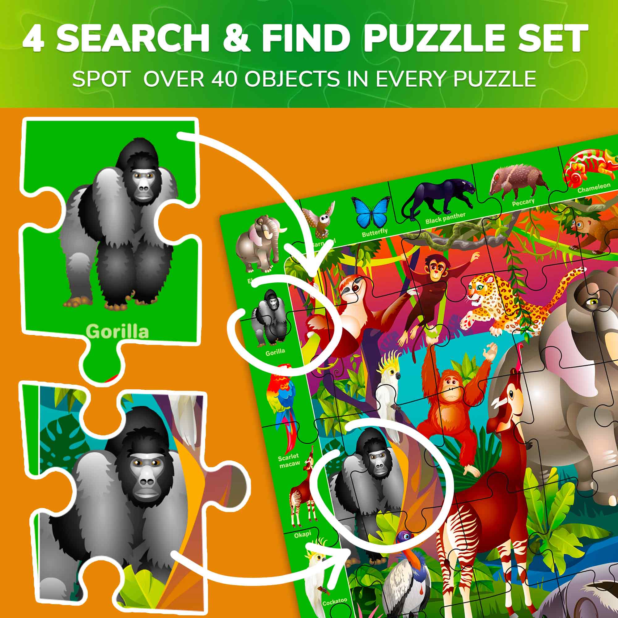 QUOKKA Search & Find Educational Puzzle Set, 100 150 Piece Jigsaw Puzzles for Kids, Ages 4-10, Animal City Themes