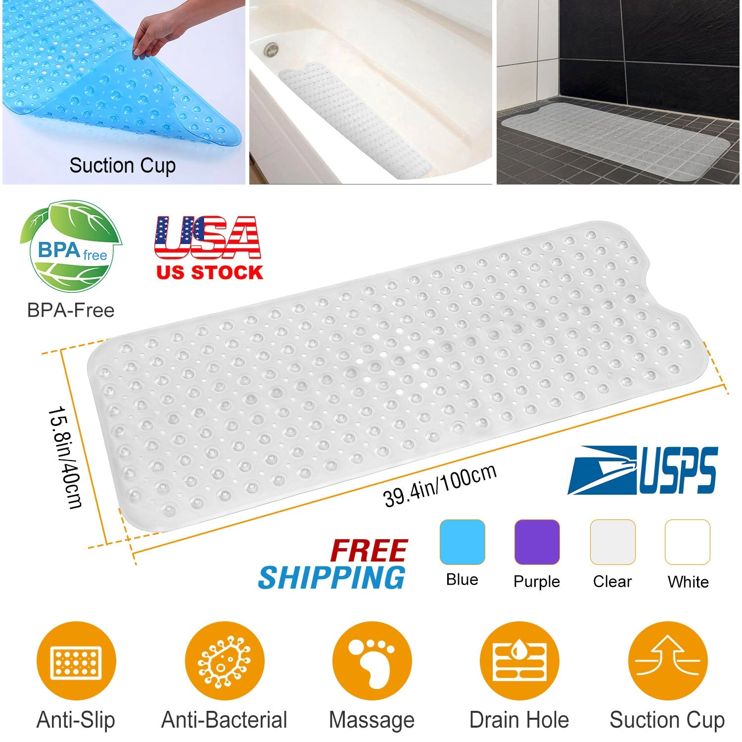 GBruno Non-Slip Massage Bath Tub Mat With Suction Cups