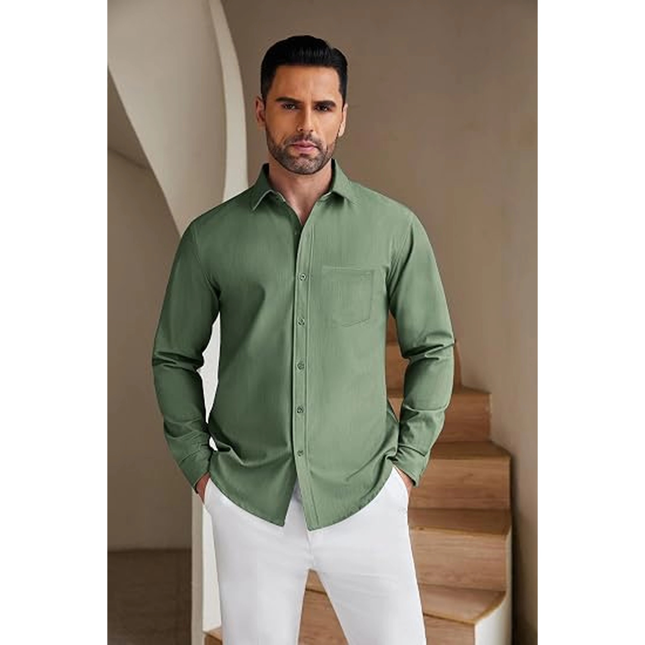 COOFANDY Mens Long Sleeve Button Down Shirts Spread Collar Chest Pocket Casual Tops
