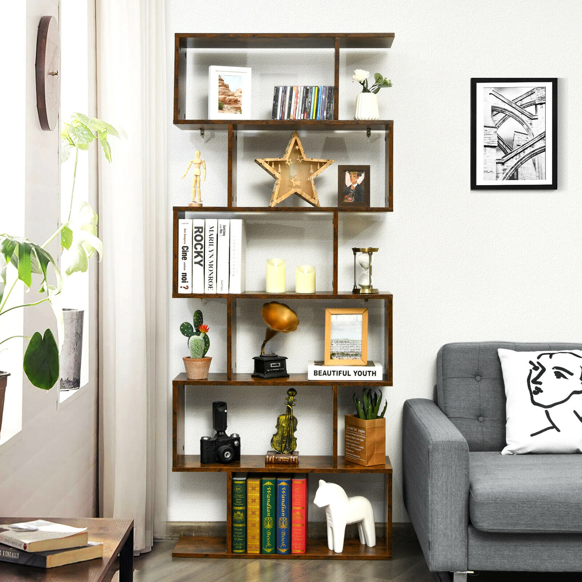 Costway 6 Tier S-Shaped Bookshelf Storage Display Bookcase Decor Z-Shelf Coffee