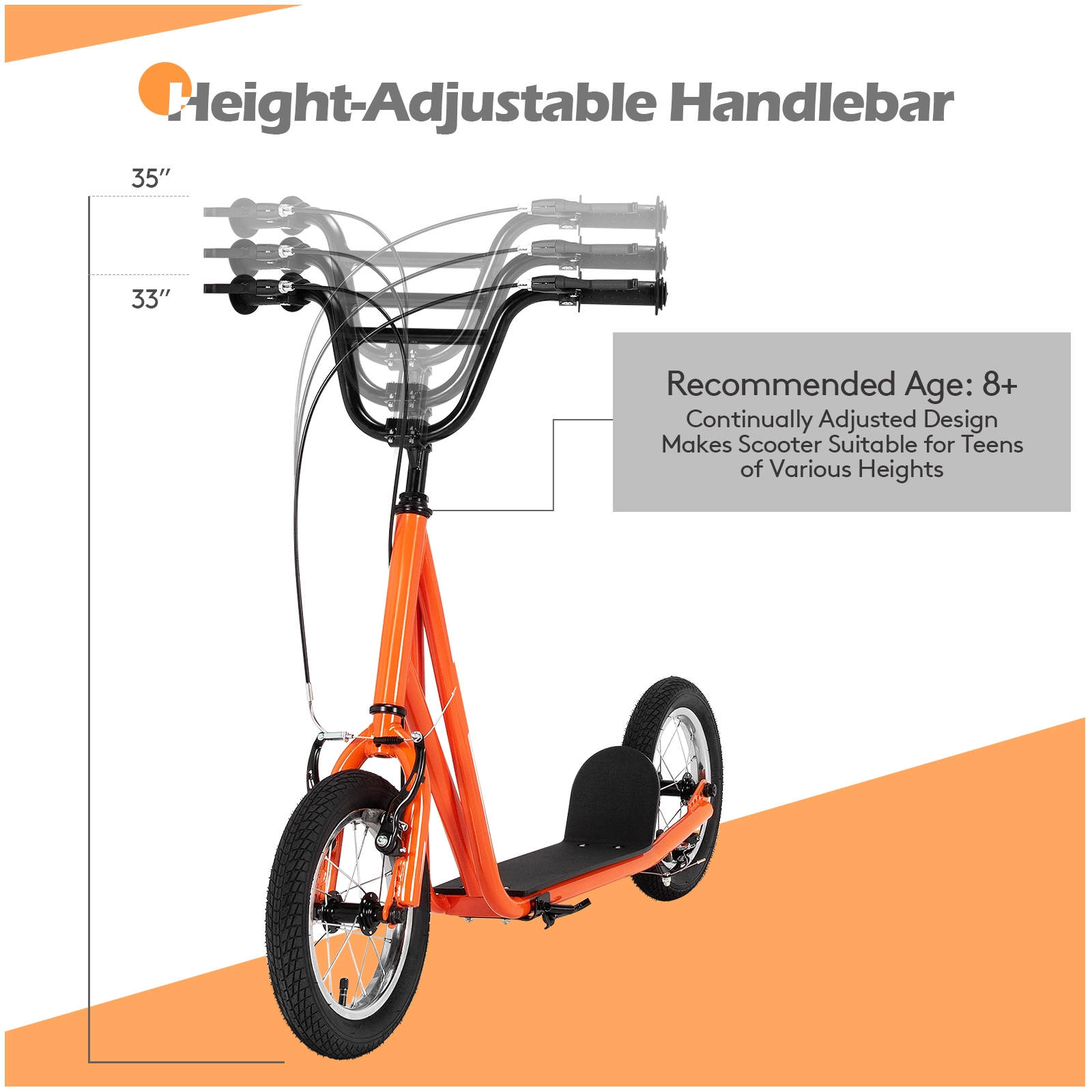 SUGIFT Height Adjustable Kid Kick Scooter with 12-in Air Filled Wheels 165-lb Capacity Ages 8+ Orange