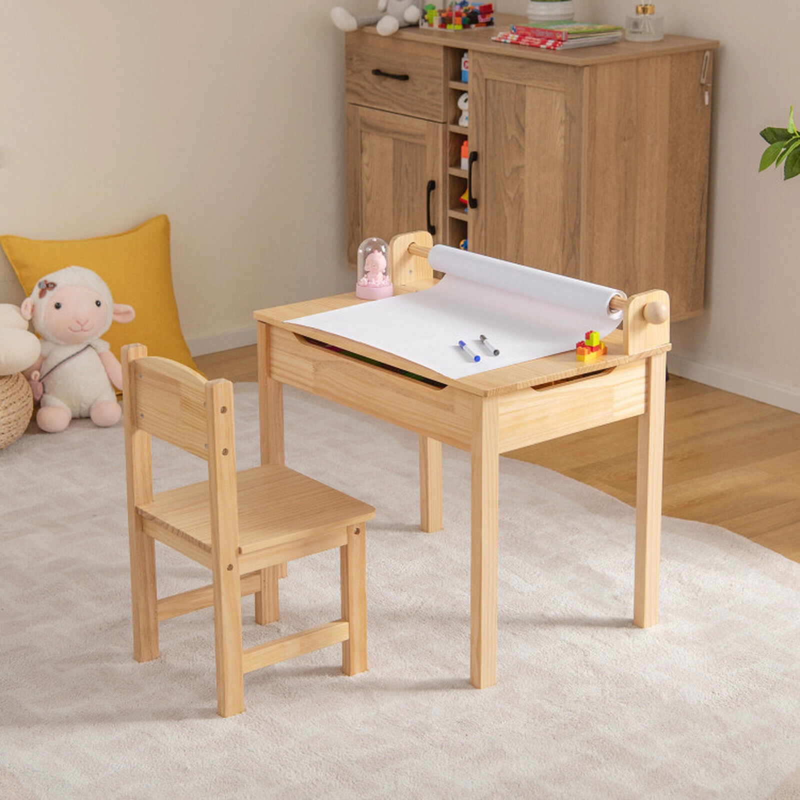 SUGIFT Natural Paper Roll Holder and Flip Top Toddler Activity Table and Chair Set