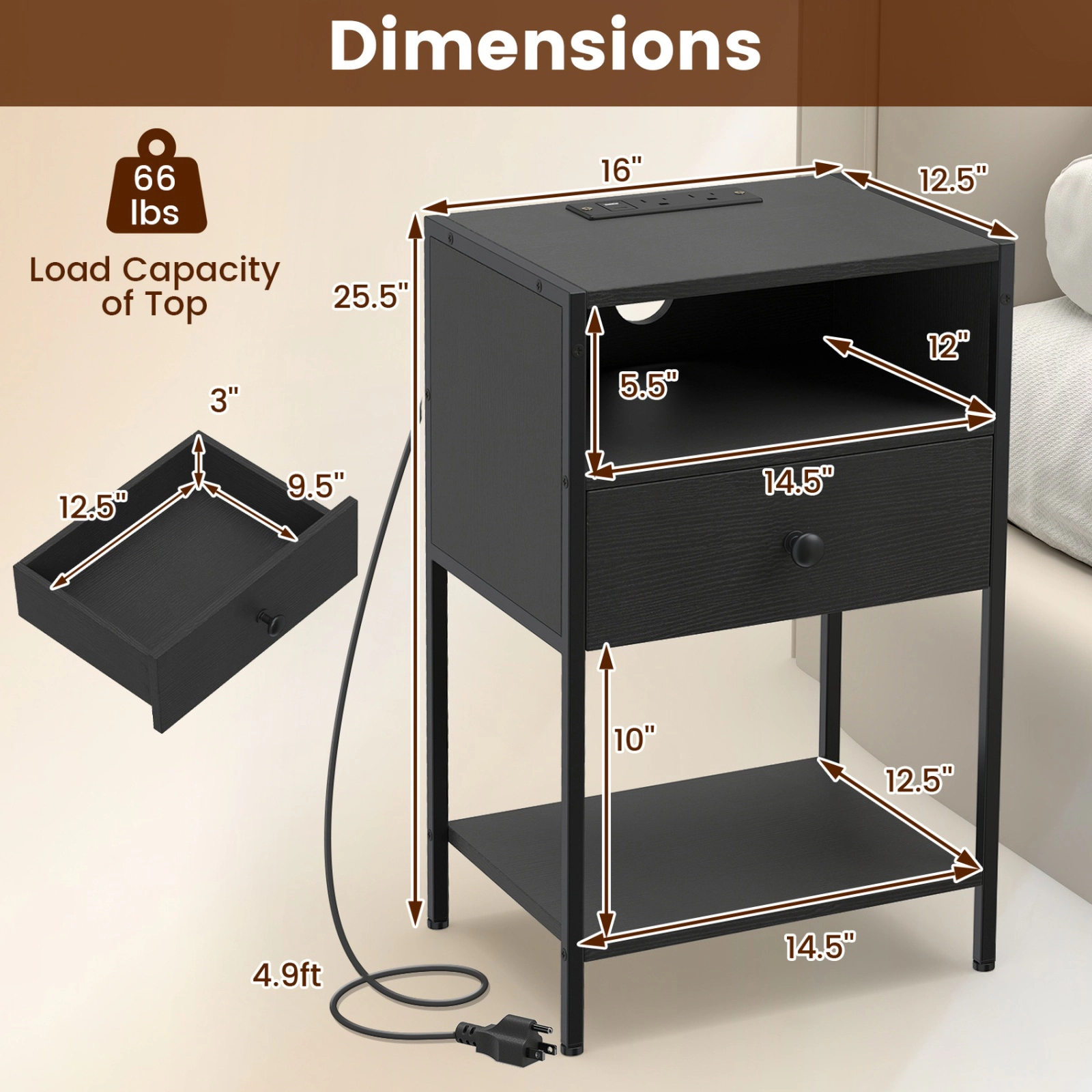 SUGIFT Integrated Charging Station Nightstand Bedside Table 66-lb Top Capacity Engineered Wood and Carbon Steel Black