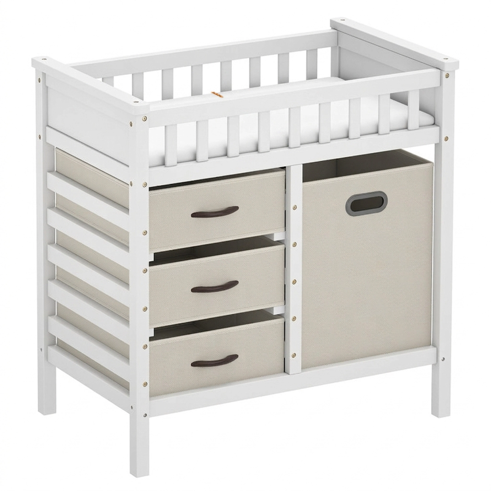 SUGIFT Wooden Baby Changing Table with 3 Fabric Bins and Hamper