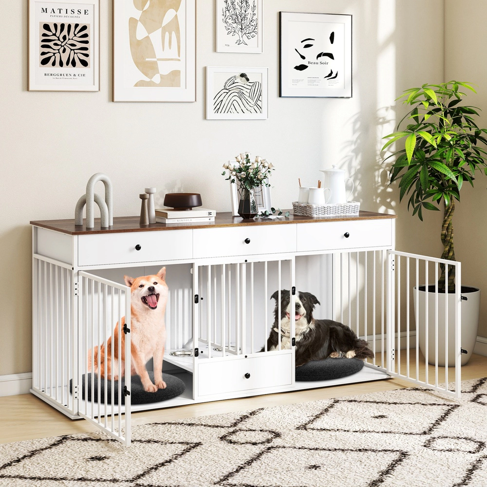 SUGIFT 71 in Dog Crate Furniture White Double Kennel with Divider 3 Drawers and Pull-out Feeder