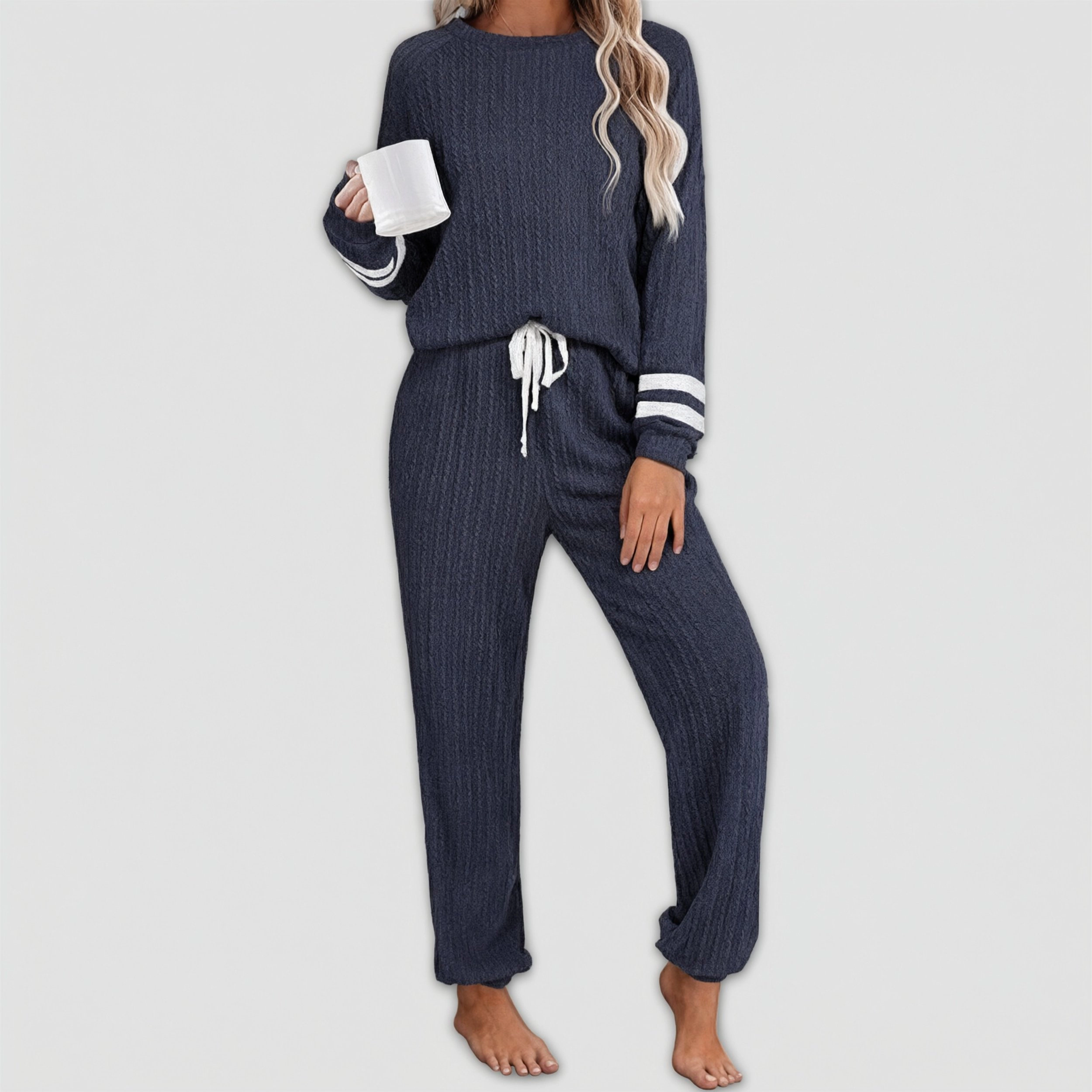 Ekouaer Lounge Sets Ribbed Knit Outfits Pajamas Two Piece Long Sleeve Sweatsuits with Pockets
