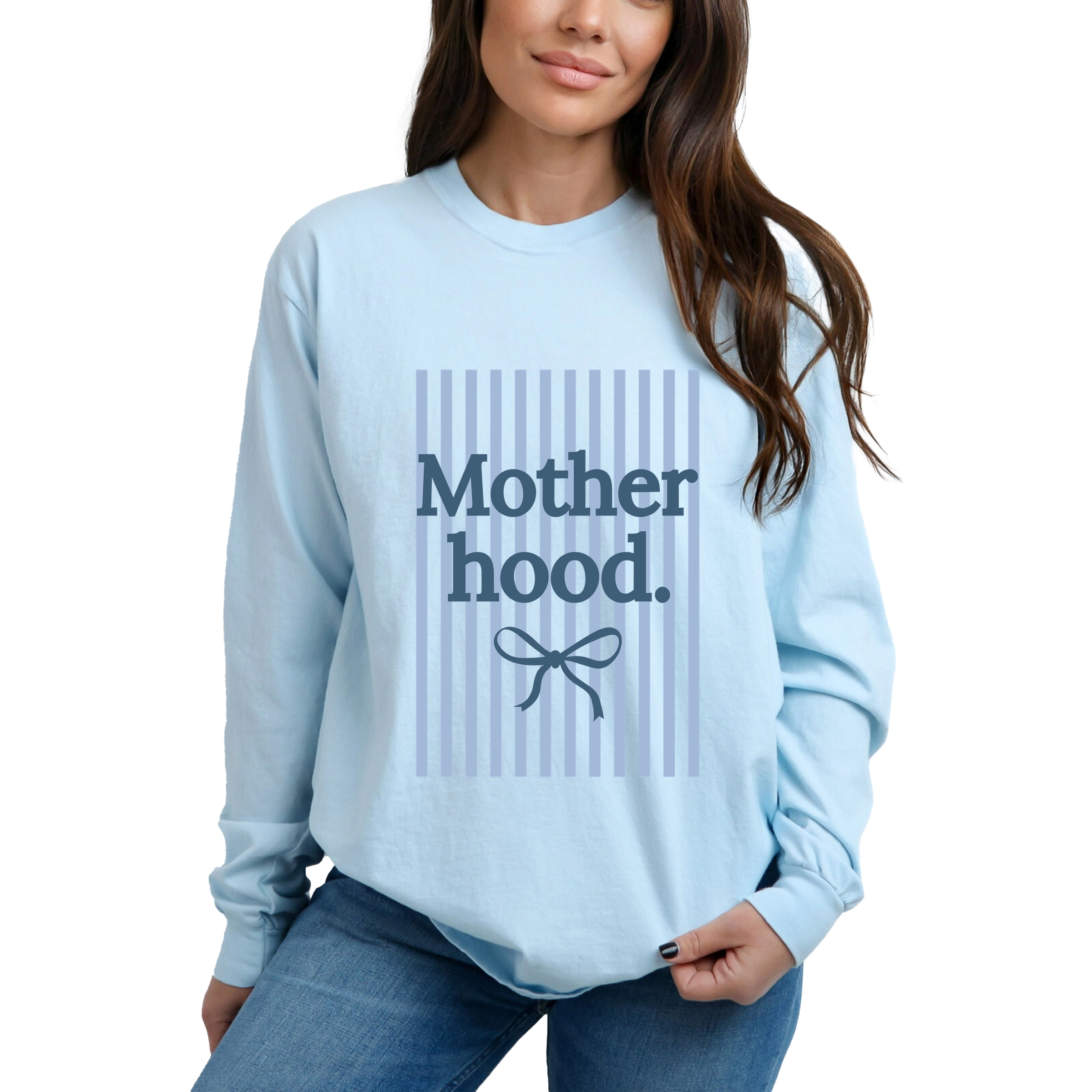 Simply Sage Market - Blue Motherhood Stripes Women's Garment Dyed Long Sleeve Graphic T-Shirt