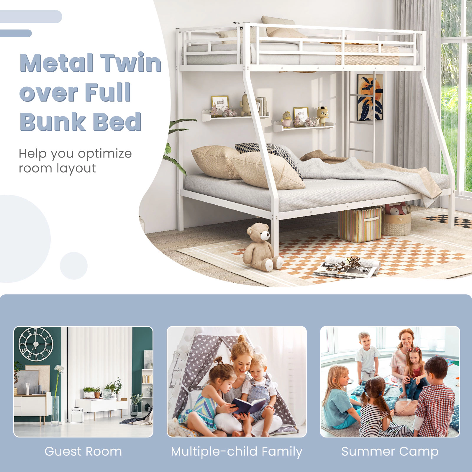 SUGIFT Space-Saving Metal Slatted Bunk Bed Frame 440/660-lb Capacity White