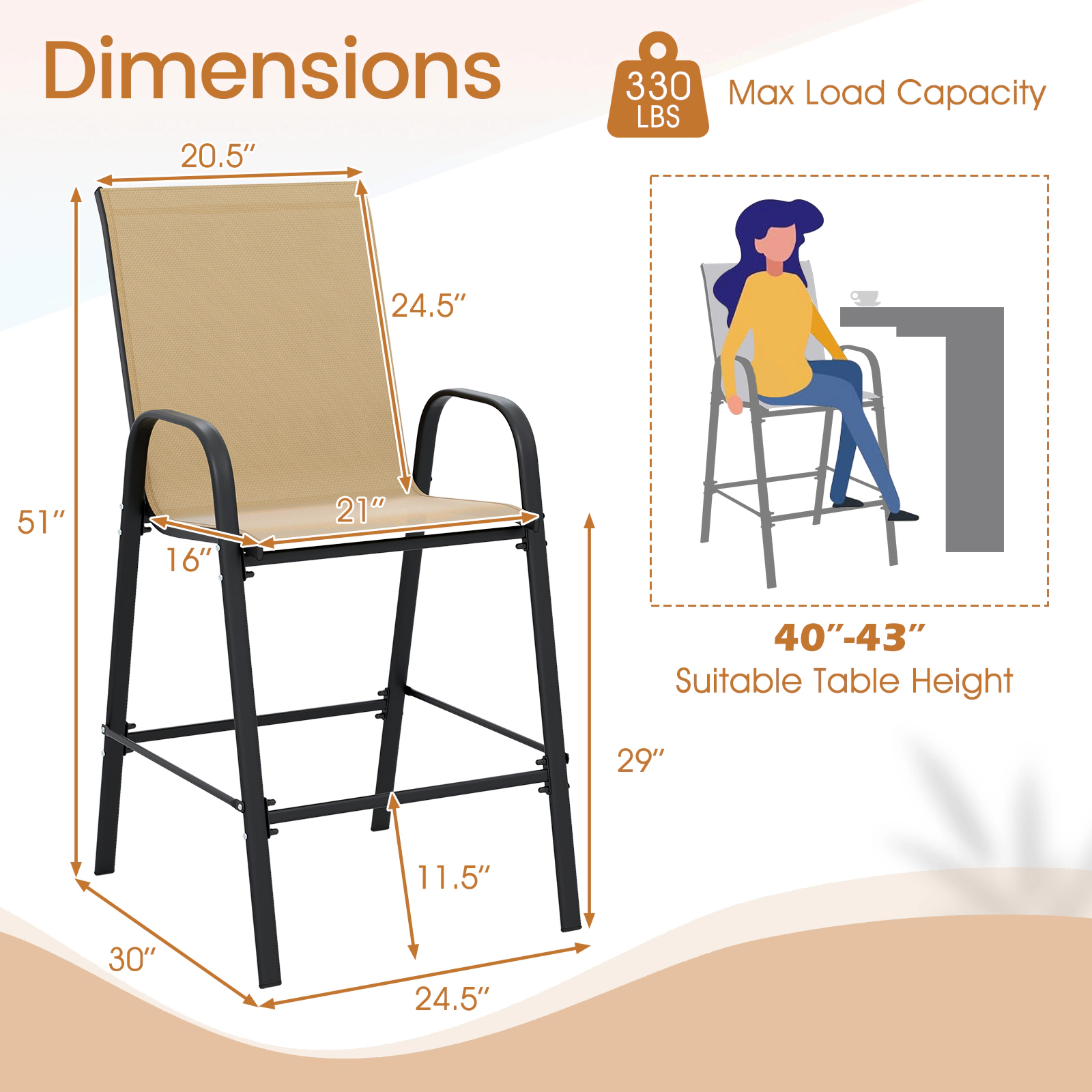 SUGIFT Outdoor Fabric Bar Height Stool Set of 2 with Armrests 29-in Seat Height 330-lb Capacity Beige Bar Set