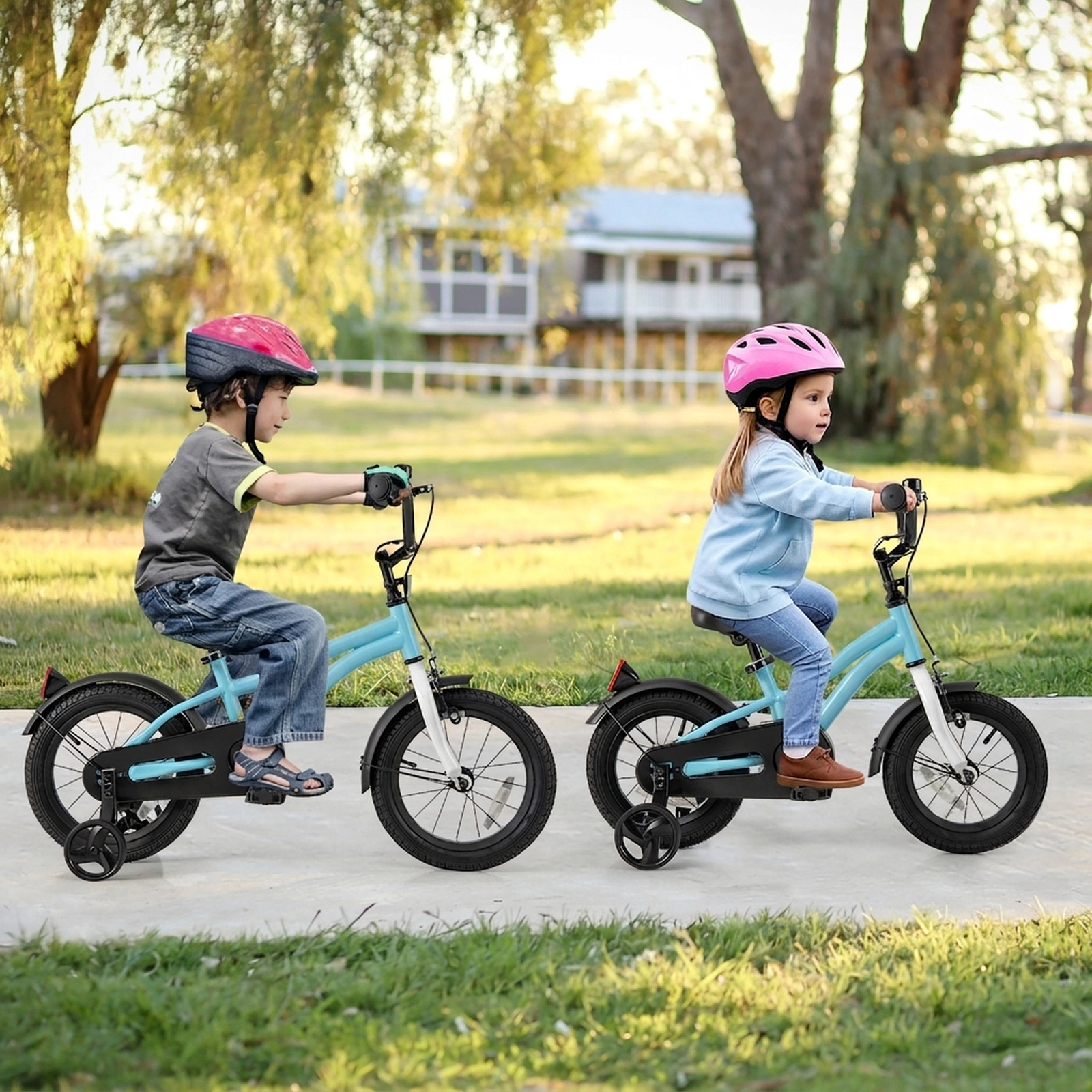 SUGIFT Adjustable Kids Bicycle with Training Wheels 110-lb Seat Capacity Ages 3-5 Blue 14-in Wheels Dual Brake System