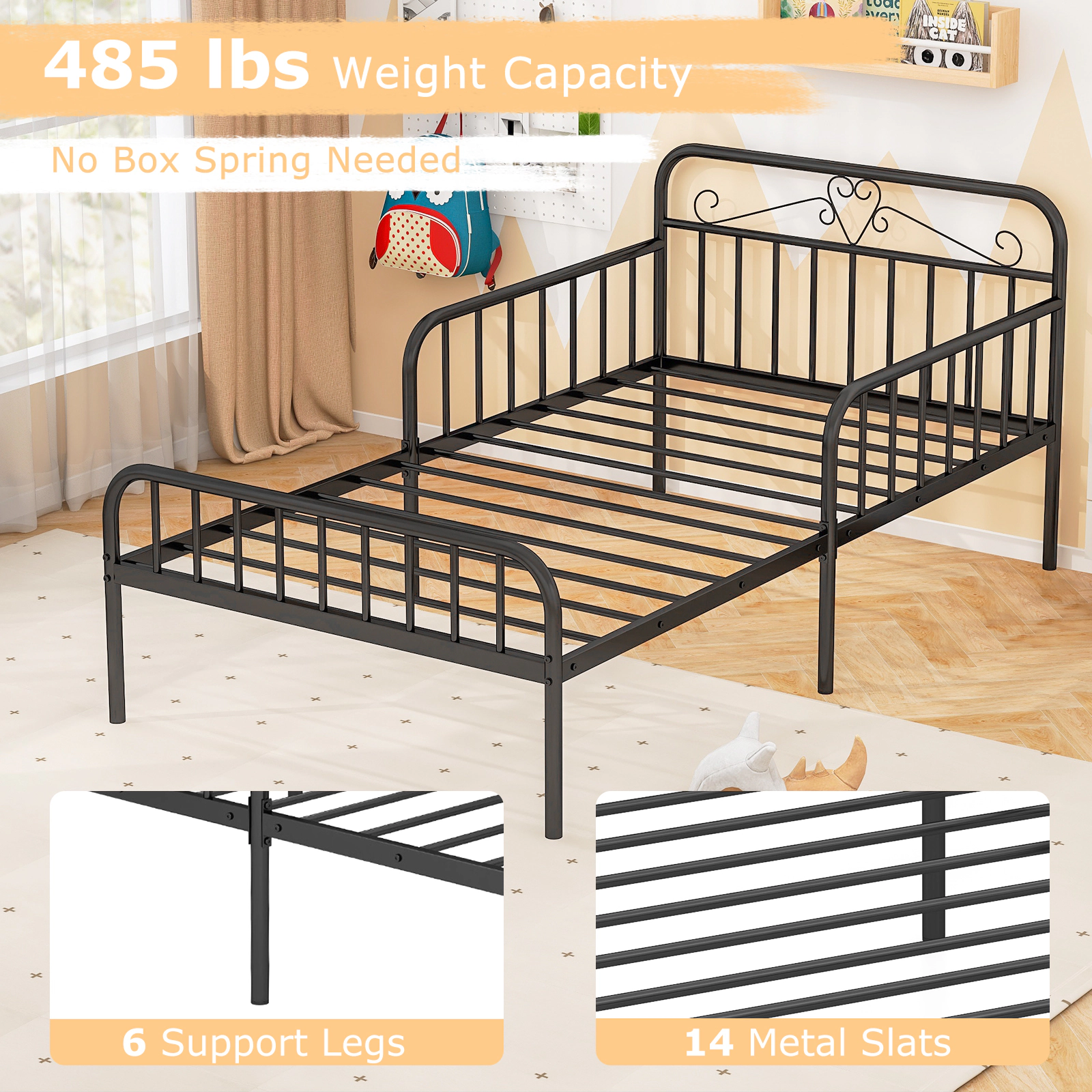 SUGIFT Metal Twin Size Bed Frame with Headboard & Safety Side Guardrails 485-lb Capacity Twin Mattress Compatible Black