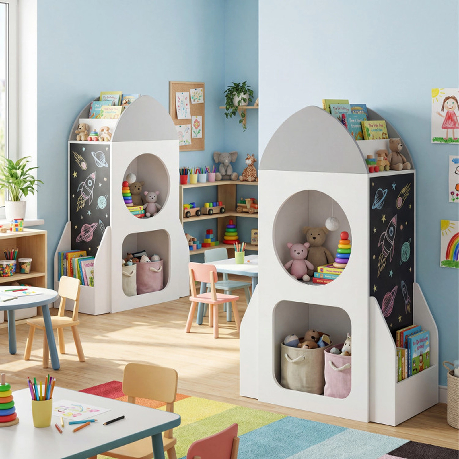 SUGIFT Rocket-Shape 3-Tier Kids Bookshelf Toy Organizer with Chalkboard 33-lb Top Capacity 3+ Years White + Gray