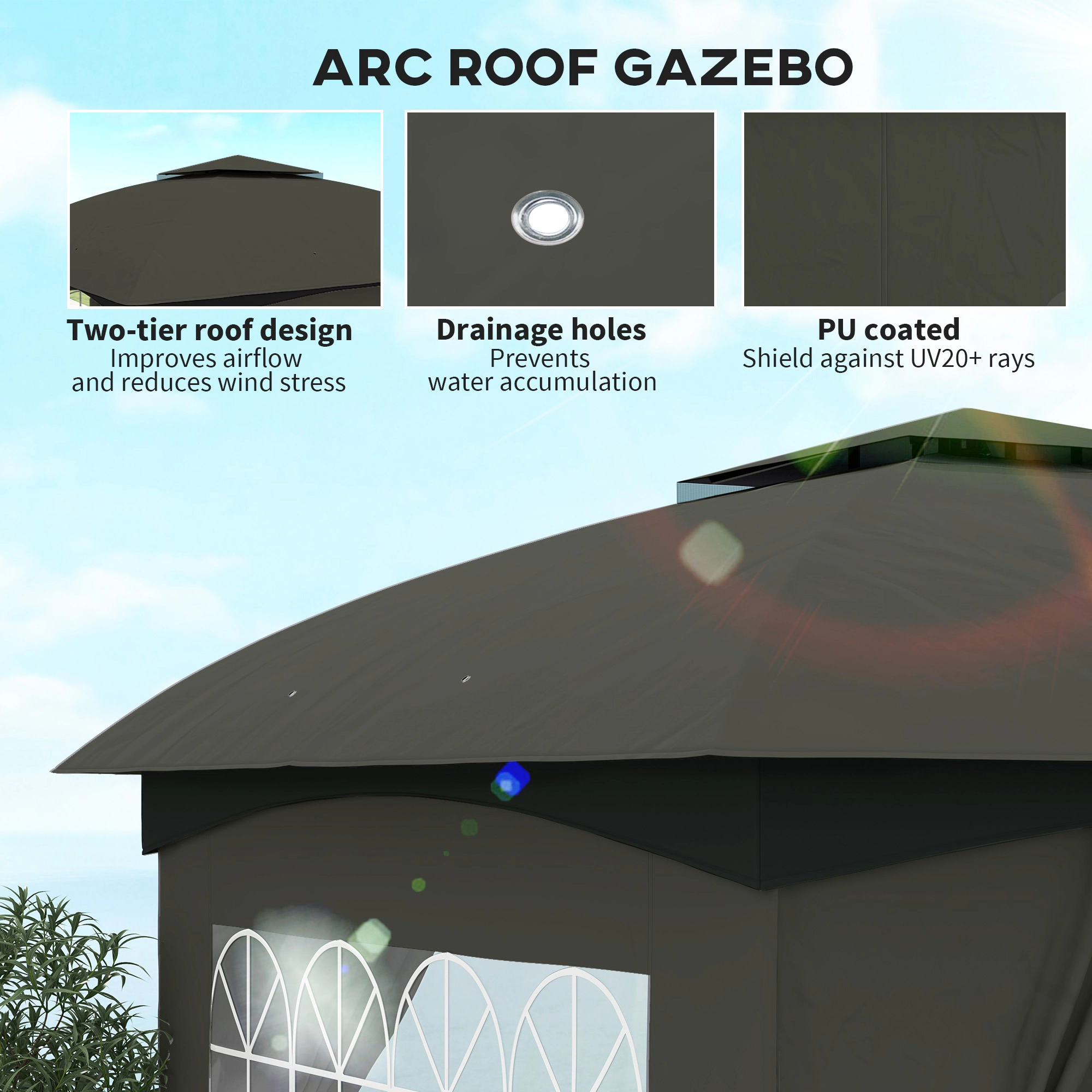 HONGGE 11' Outdoor Gazebo Double Roof Patio with Curtains Church Windows Galvanized Steel Frame Gray