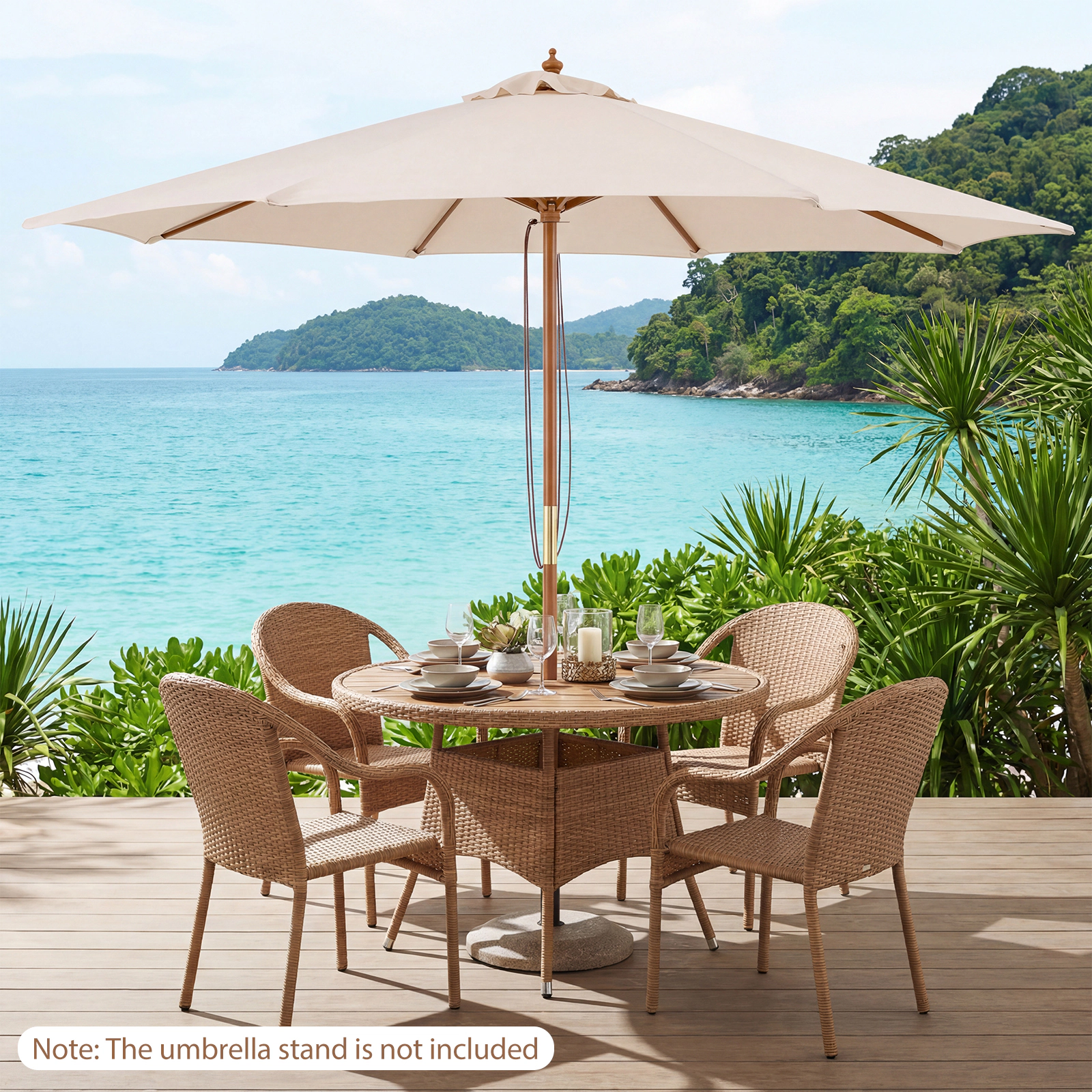 SUGIFT 9-ft Patio Umbrella Outdoor Table Market Umbrella with 8 Bamboo Ribs and Safety Latch Beige