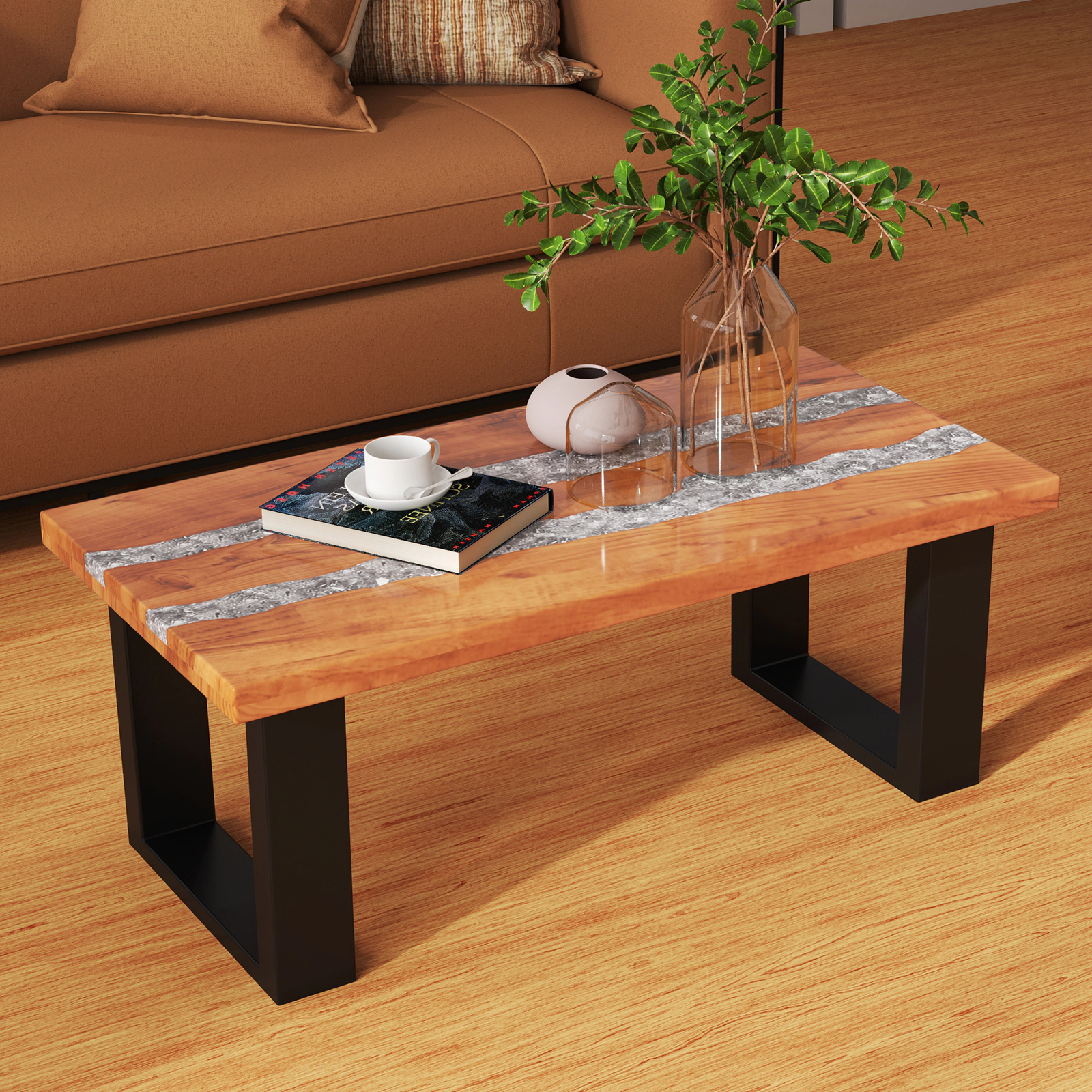 Glintex 40-Inch Teak Wood Coffee Table with River-Style Epoxy Tabletop, Natural