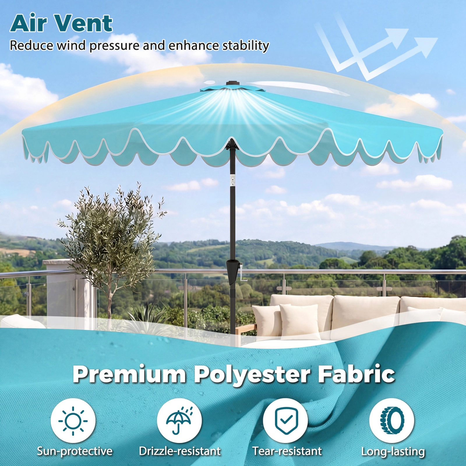 SUGIFT Double-Tier 10-ft Patio Umbrella with Ruffled Edges 10 x 8.2 in Canopy with Sandbag Base Turquoise