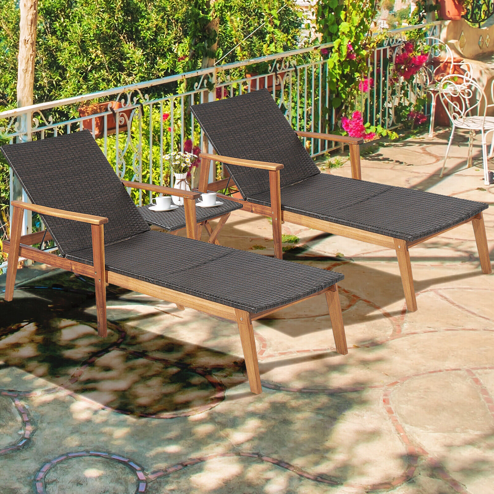 SUGIFT 4-Level Folding Side Table Acacia Wood PE Rattan Patio Chaise Lounge 79-in x 28-in 800-lb Capacity Brown